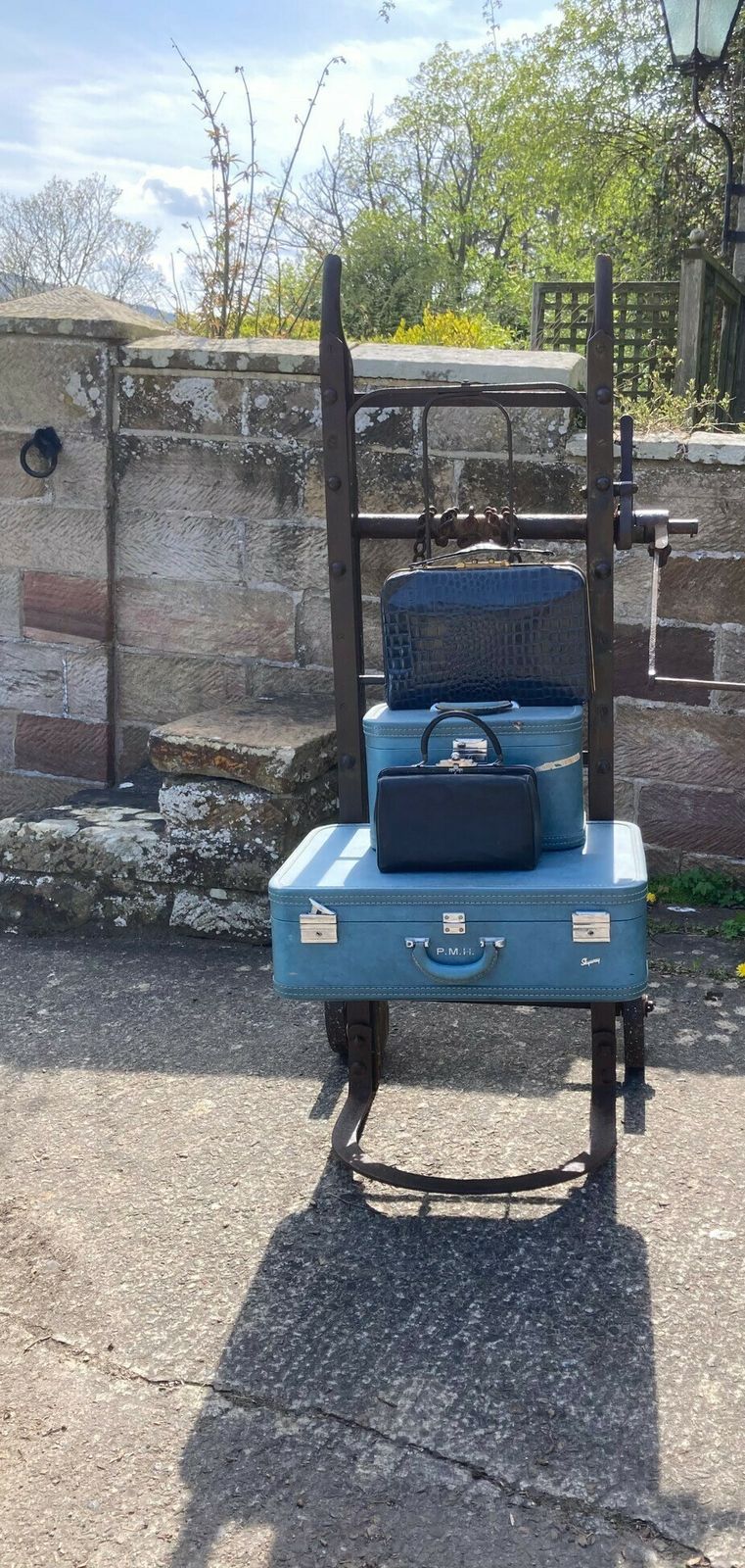 photo furniture Victorian Cast Iron And Wood Railway Porters Adjustable Luggage Trolley.Lincoln Railway Station.Rare