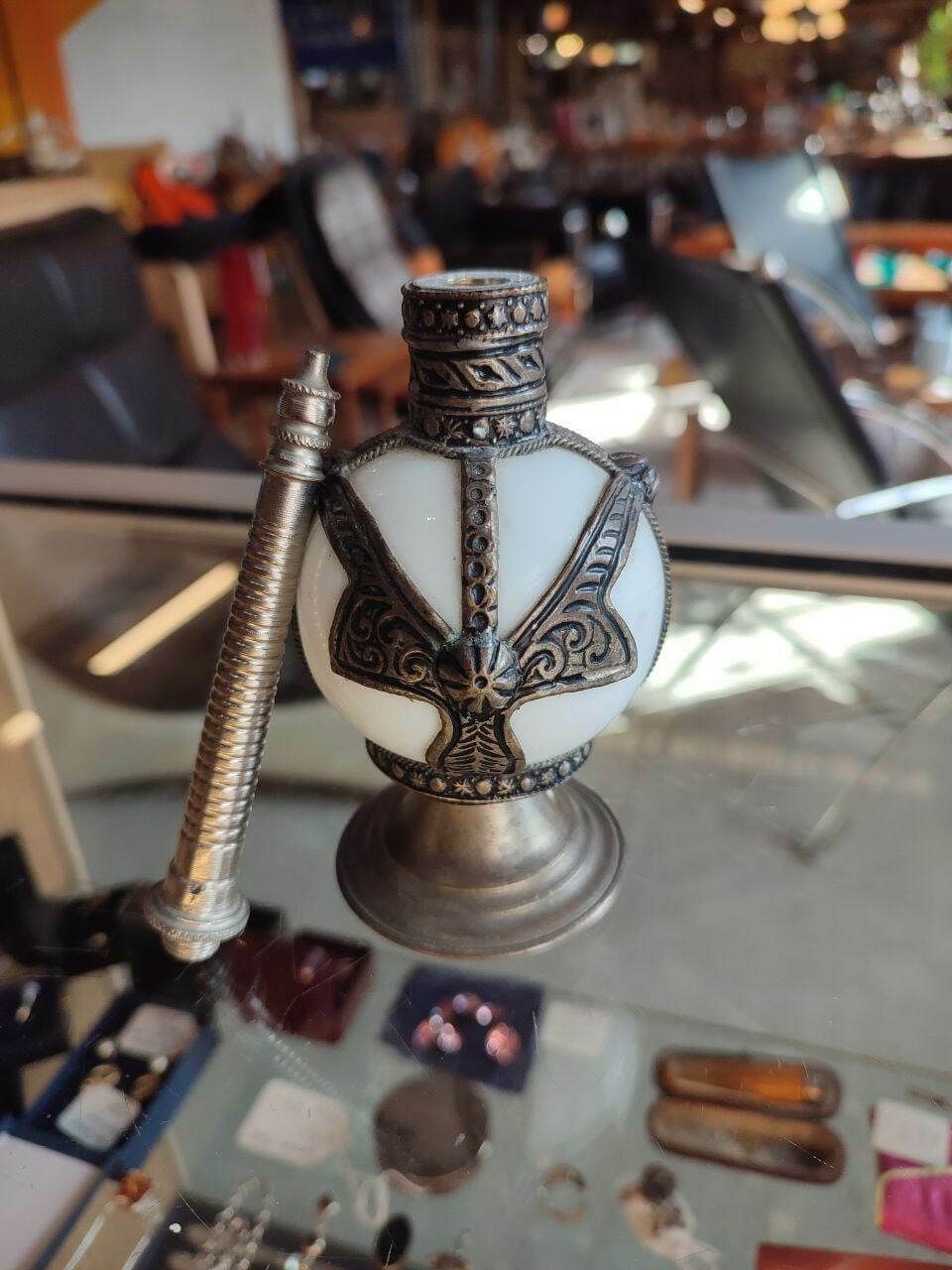 Handcrafted Moroccan White Glass Rose Water Sprinkler With Embossed Silvered Metal Floral Design photo furniture