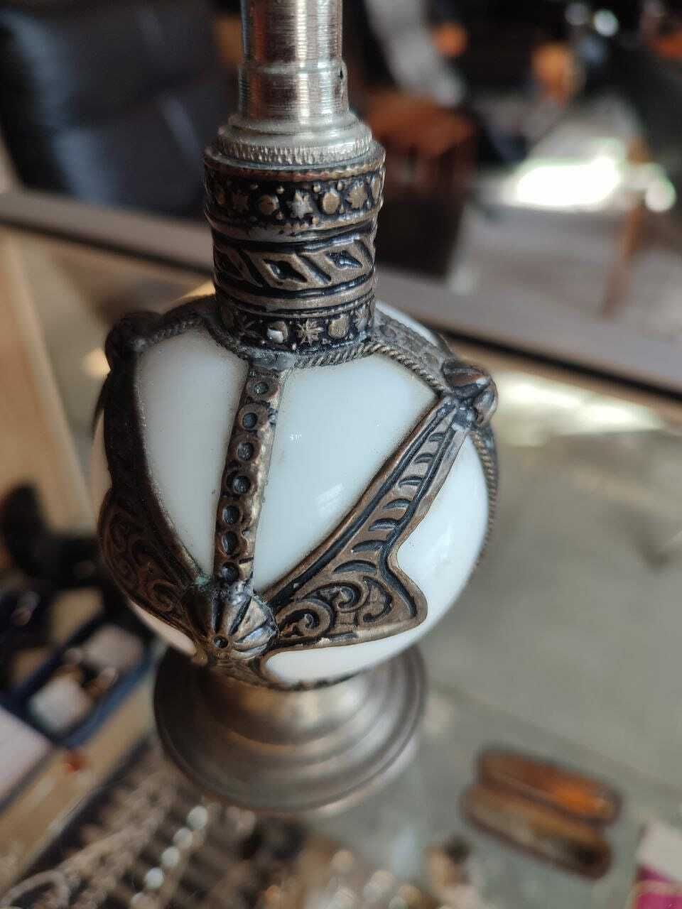 Handcrafted Moroccan White Glass Rose Water Sprinkler With Embossed Silvered Metal Floral Design photo 65.0