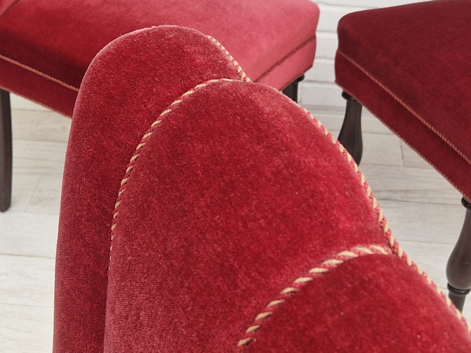 photo for sale 1950s, Danish Design, Set Of 4 Dinning Chairs, Oak Wood, Cherry Red Velour.