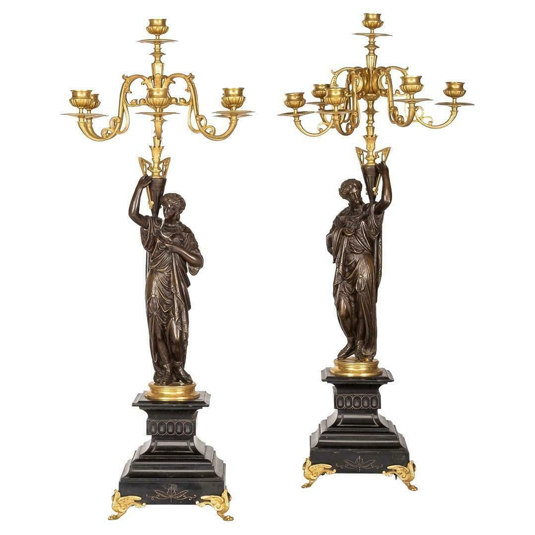 19th Century French Pair Of Ormolu Bronze Candelabra On Black Marble C.1870
