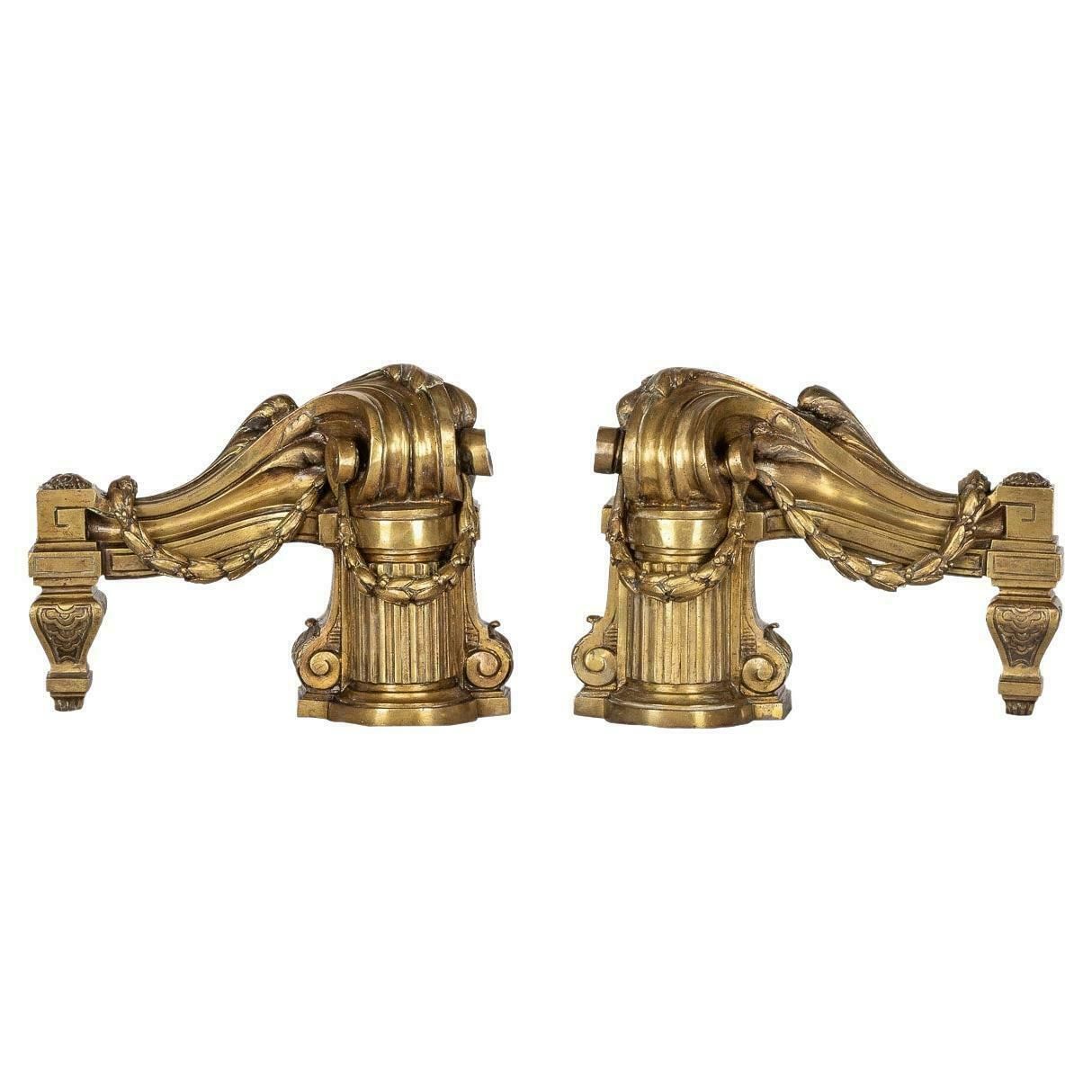 18th Century French Pair Of Ormolu Bronze Fireplace Chenets, C.1750