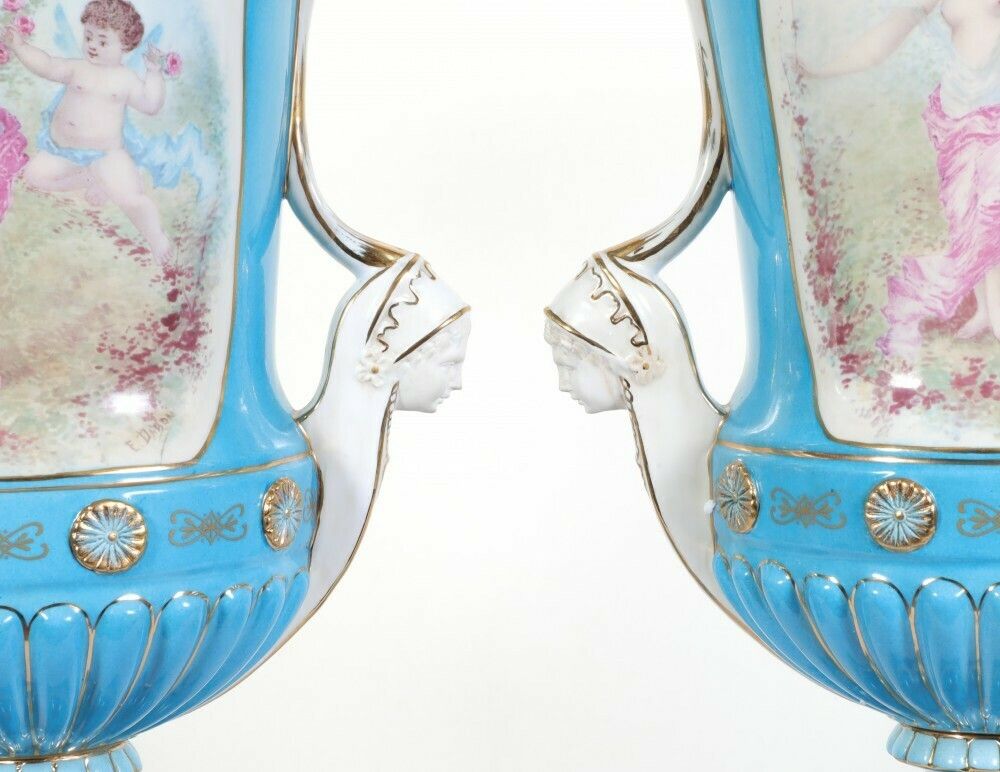 Pair Sevres Urns Porcelain Cherub Campana Vase photo for sale
