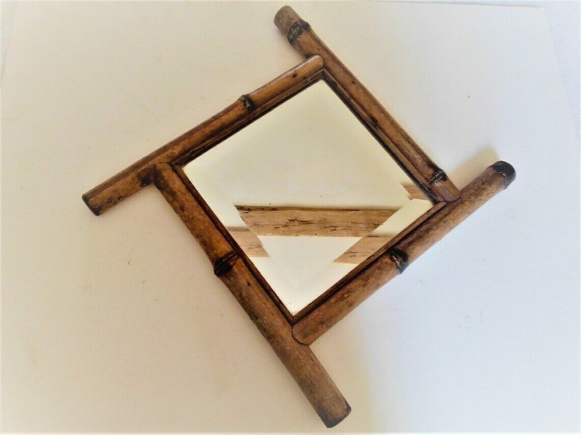 photo furniture Antique French Real Bamboo Framed Mirror  Diagonal 1900s Antique Mirror Rustic Wood Mirror