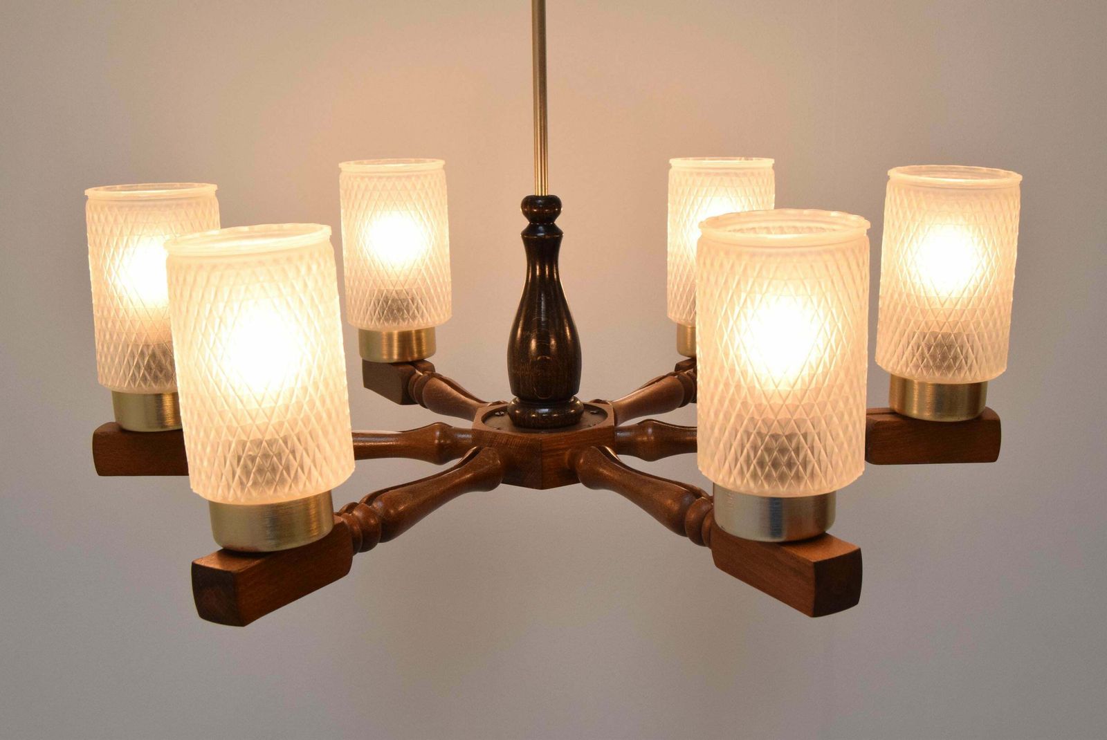 photo for sale Mid Century Wood Chandelier By Inva Litomerice, 1970's.