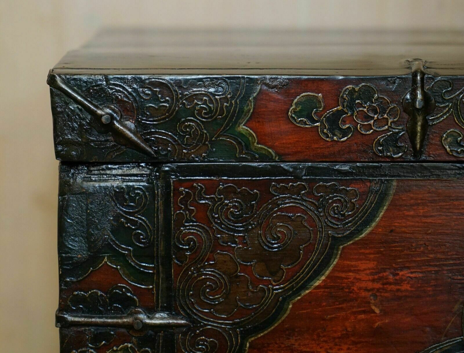 Antique Chinese Dragon Tibetan Polychrome Painted Trunk Linen Chest Coffer photo 2850.0