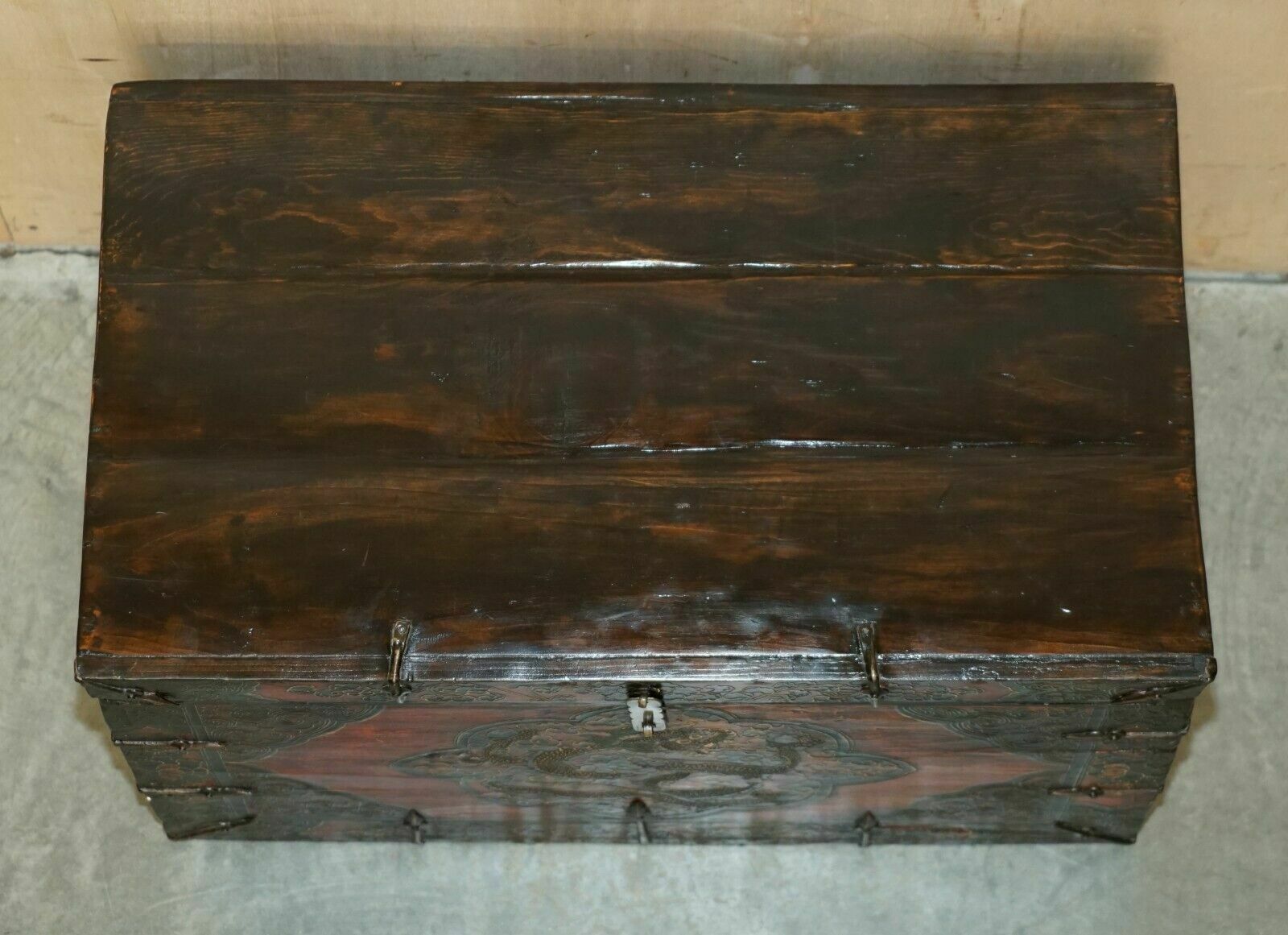 photo buy Antique Chinese Dragon Tibetan Polychrome Painted Trunk Linen Chest Coffer