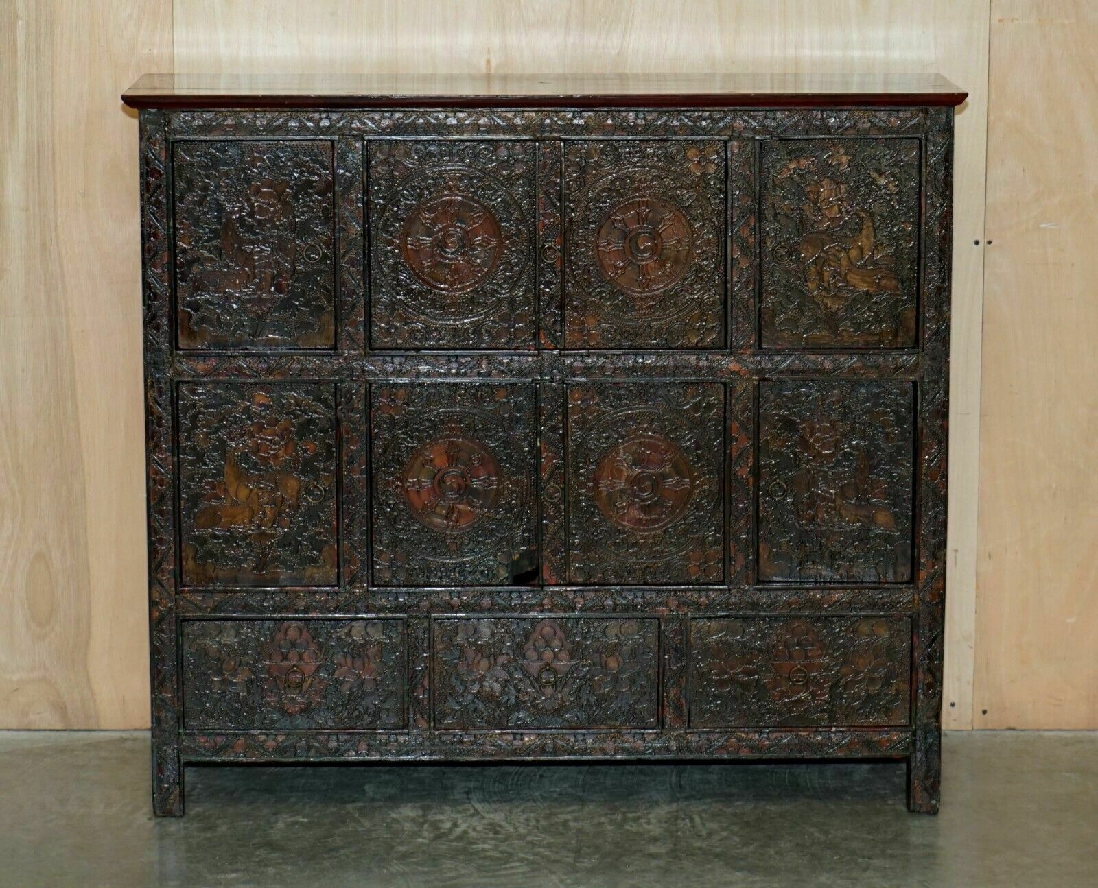 Antique Chinese Deer & Flower Tibetan Polychrome Painted Altar Cabinet Sideboard photo furniture