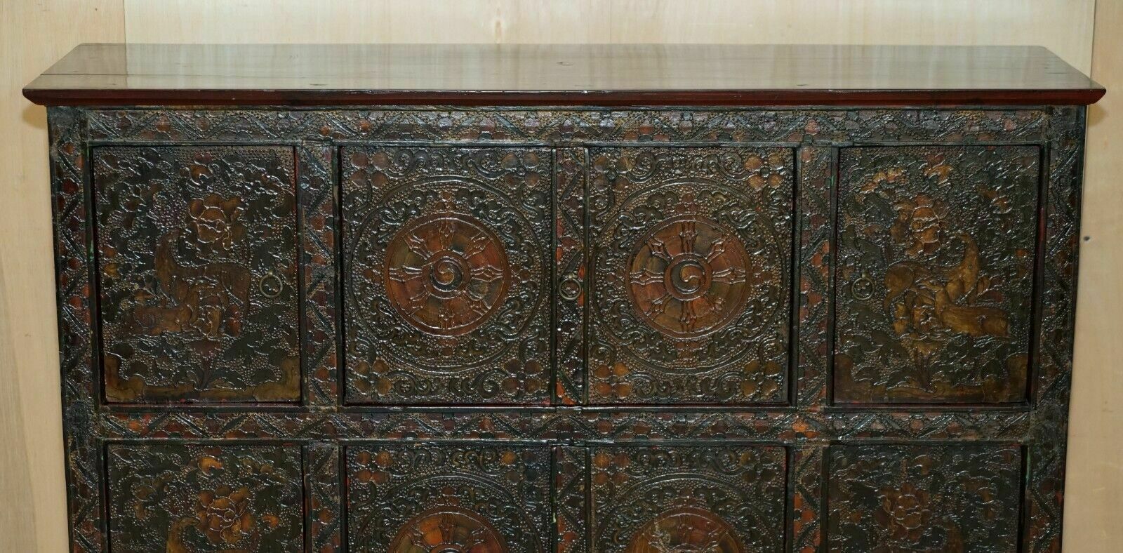 Antique Chinese Deer & Flower Tibetan Polychrome Painted Altar Cabinet Sideboard photo for sale