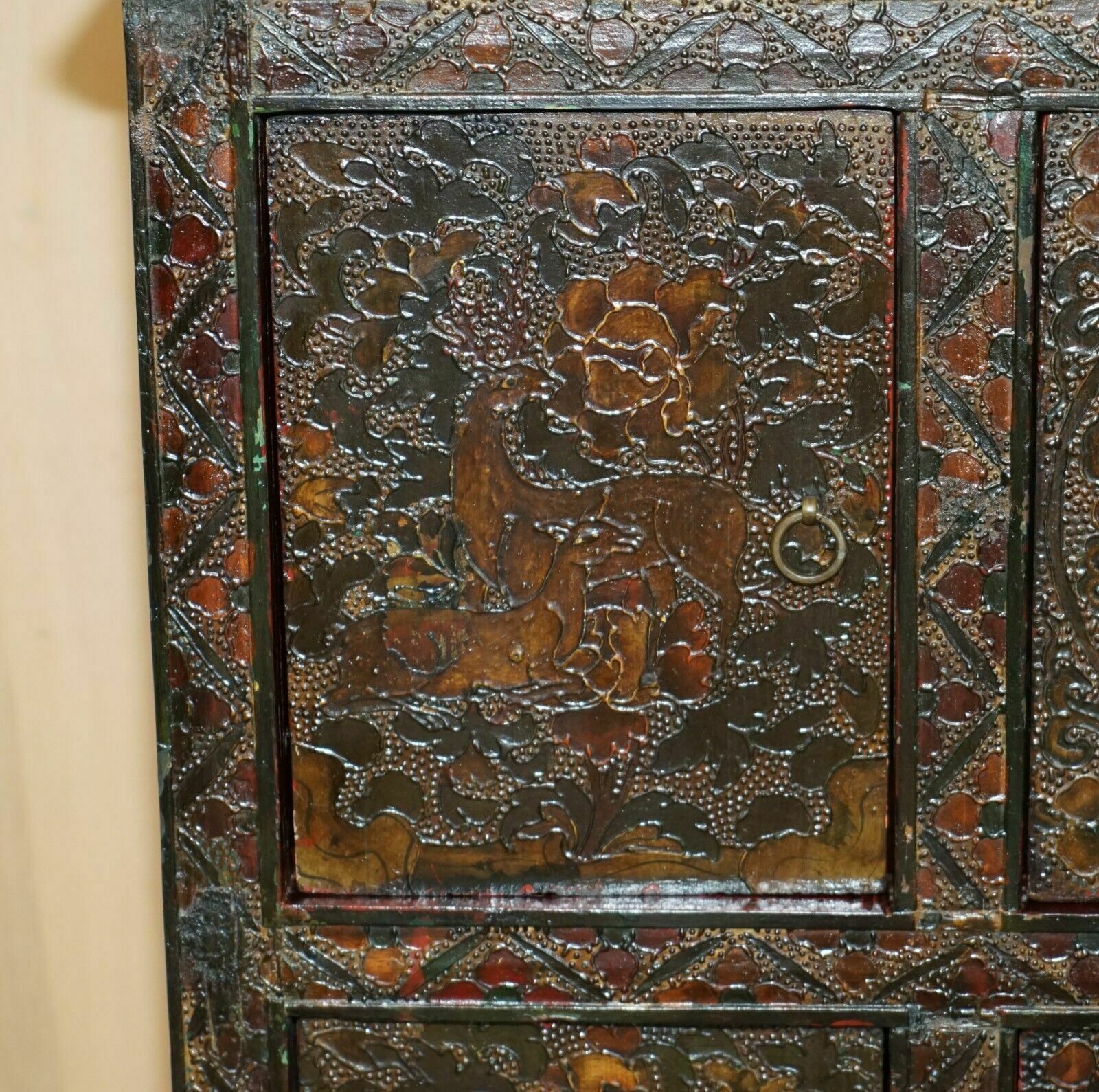 Antique Chinese Deer & Flower Tibetan Polychrome Painted Altar Cabinet Sideboard photo buy
