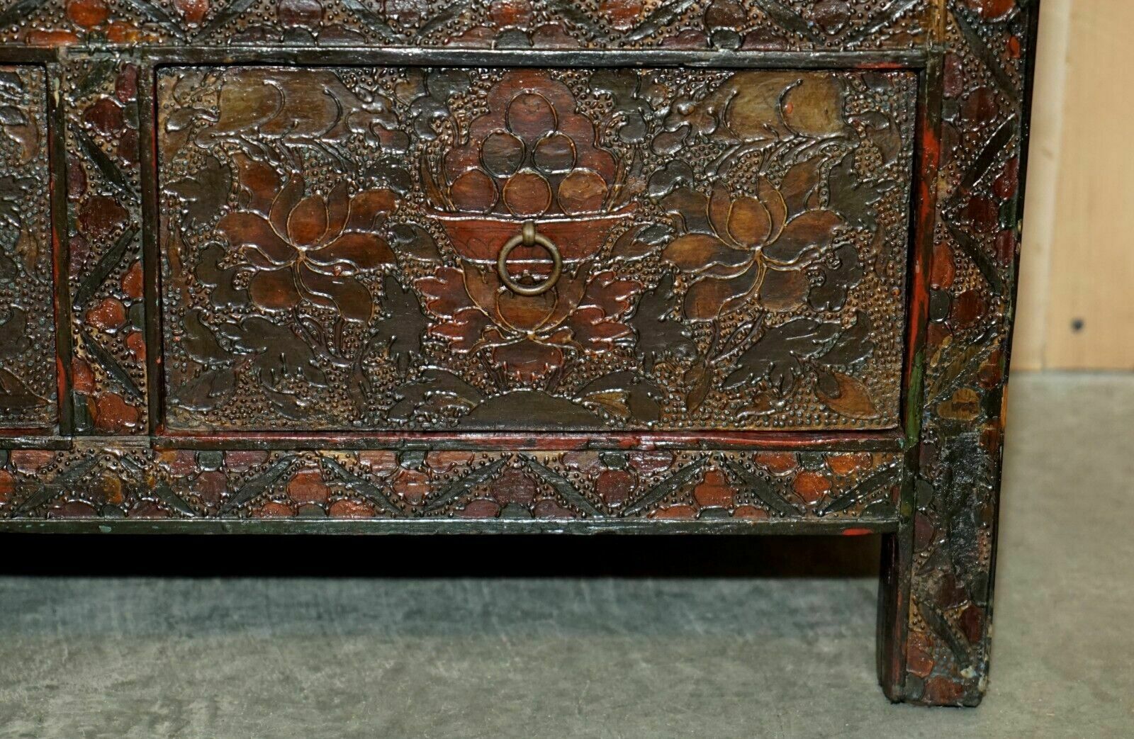 photo buy Antique Chinese Deer & Flower Tibetan Polychrome Painted Altar Cabinet Sideboard