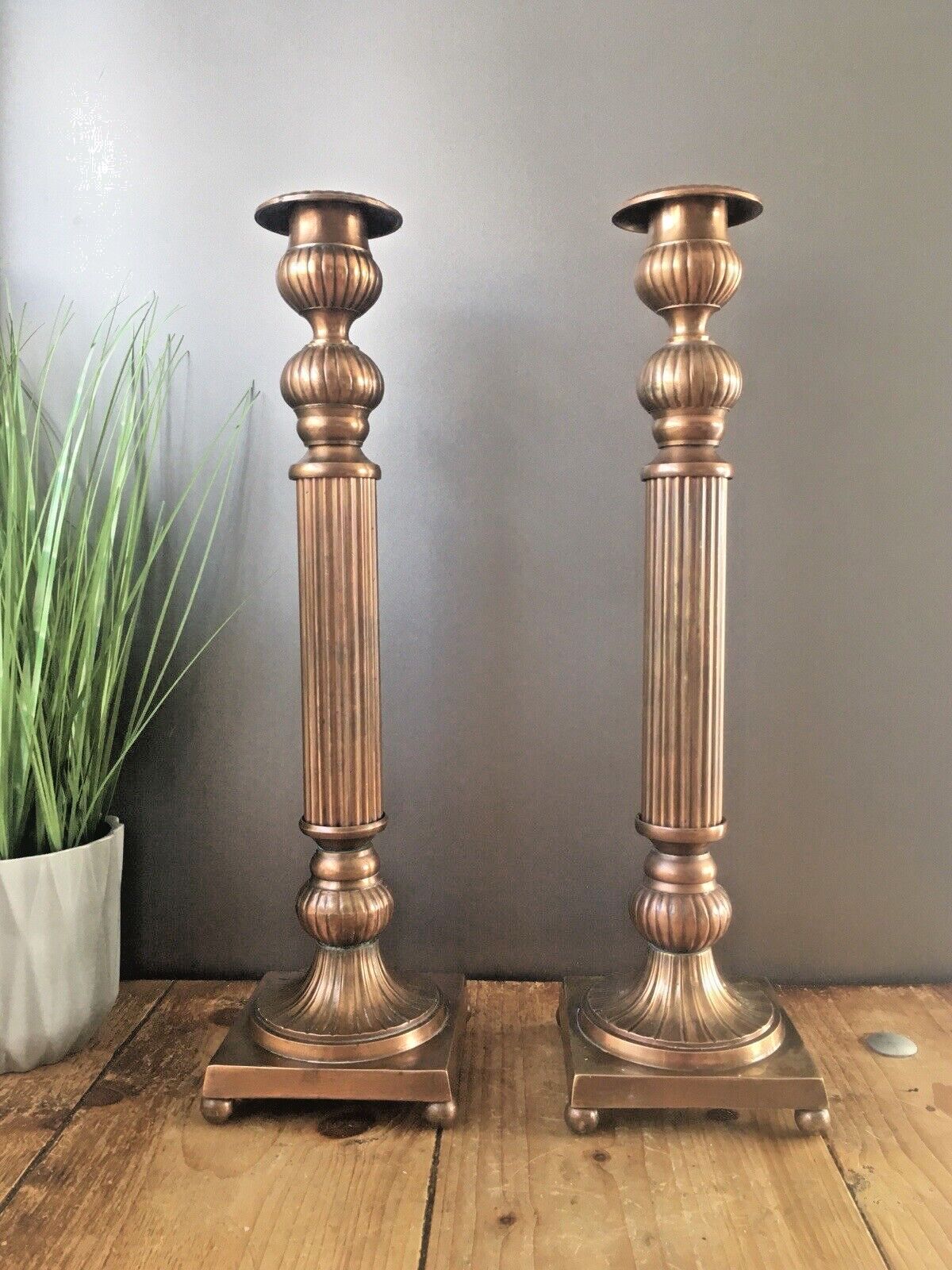 Large Pair Of Vintage Regency Column Style Metal Tone Candle Holder Candlesticks photo for sale