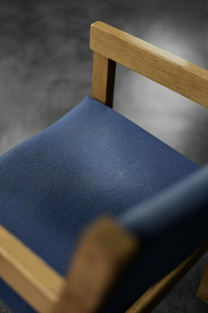 Mid Century Modern Danish Oak And Blue Fabric Chair By Hans J. Wegner For Getama, 1960s photo vinterior
