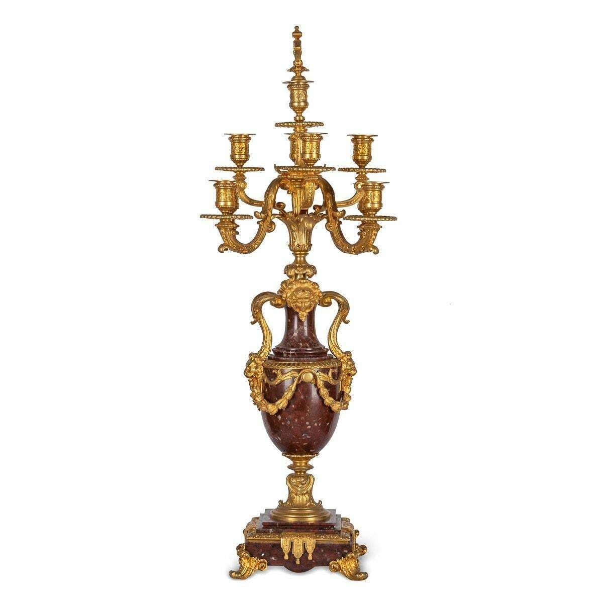 19th Century French Ormolu Mounted Rouge Griotte Nine Light Candelabra, C.1870 photo Home Decor