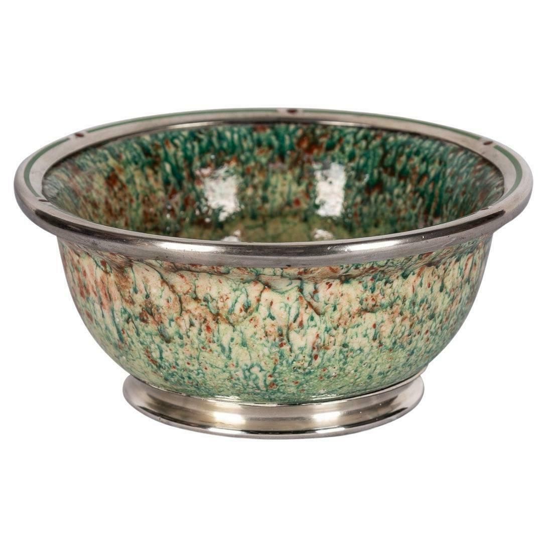 20th Century French Flambé Glaze Pottery & Silver Mounted Bowl, C.1900