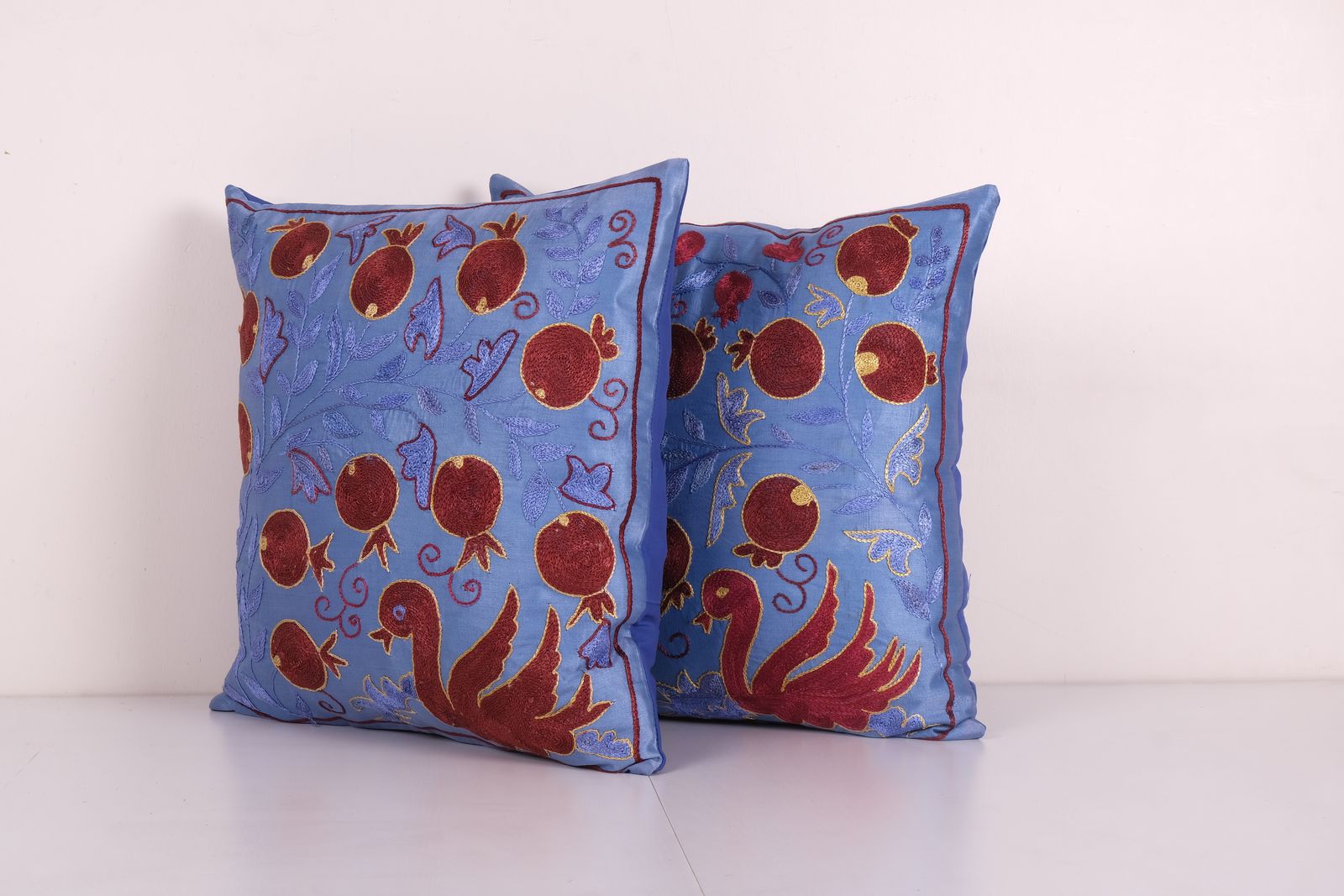 Traditional Navy Blue Silk Suzani From Uzbekistan, Set Of Two Duck Hand Embroidered Cushion Cover 19'' X 19'' photo for sale