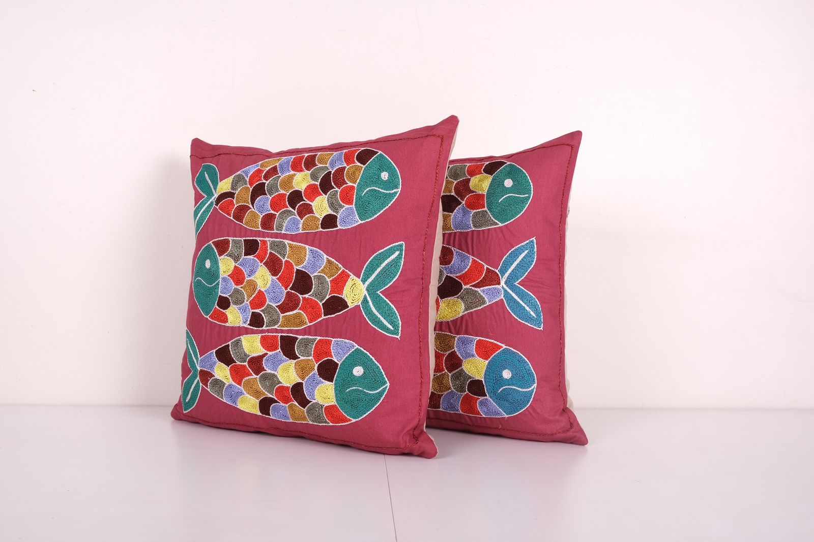 Tashkent Suzani Fish Pillow Case Made From A 19th Century Suzani   Set Of Two Burgundy Uzbek Fish Pictorial Cushion Cover 17'' X 17'' photo furniture