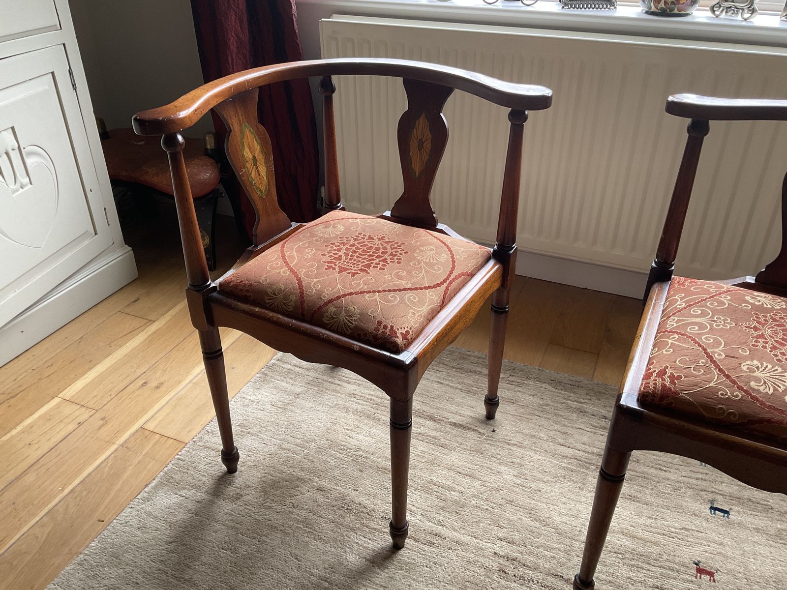 Corner Chairs, In A Pair.  Lovely Warm Tones To The Wood. Circa 1940/50.  Wear Commensurate With Age.  Sturdy Construction. photo Furniture