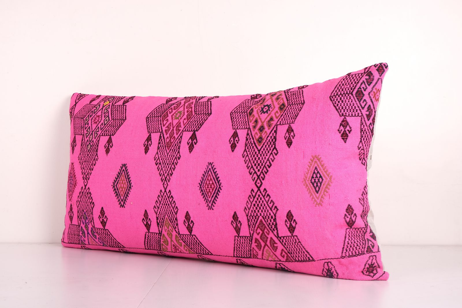 Pink Kingsize Turkish Kilim Pillow Cover, Vintage Wool Bedding Pillow, Bolster Kissen 20'' X 38'' photo furniture