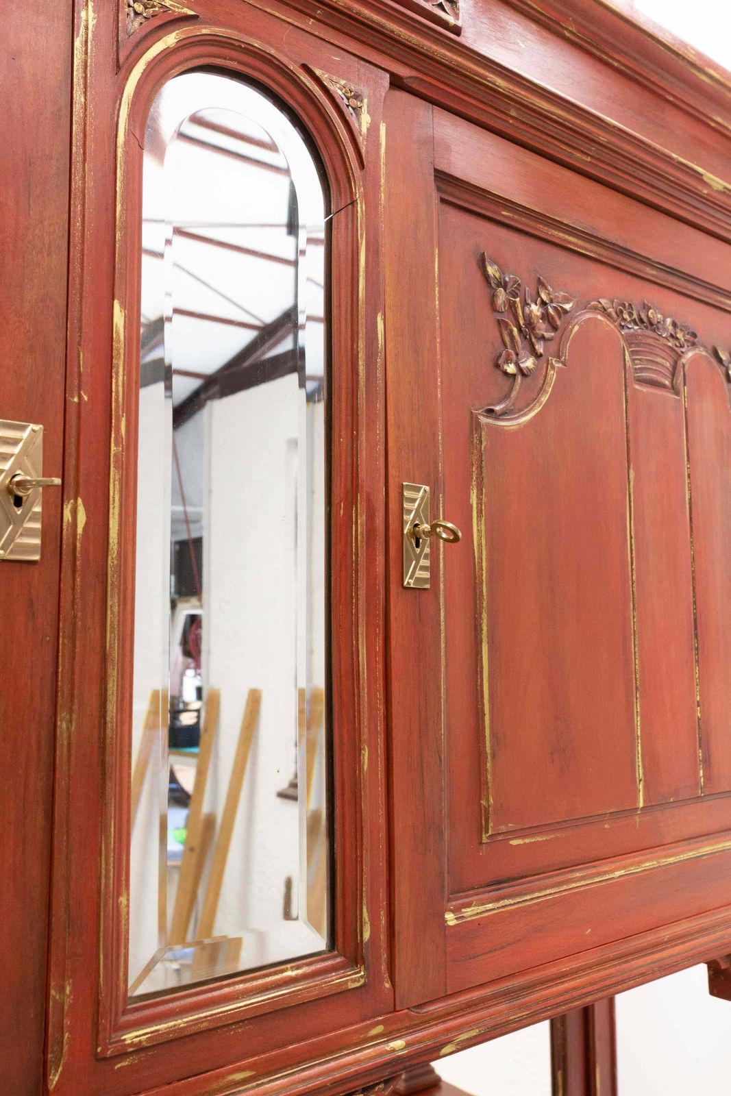 French Walnut Cabinet Deux Corps Buffet Red And Gold Patinated, Circa 1920 photo vinterior