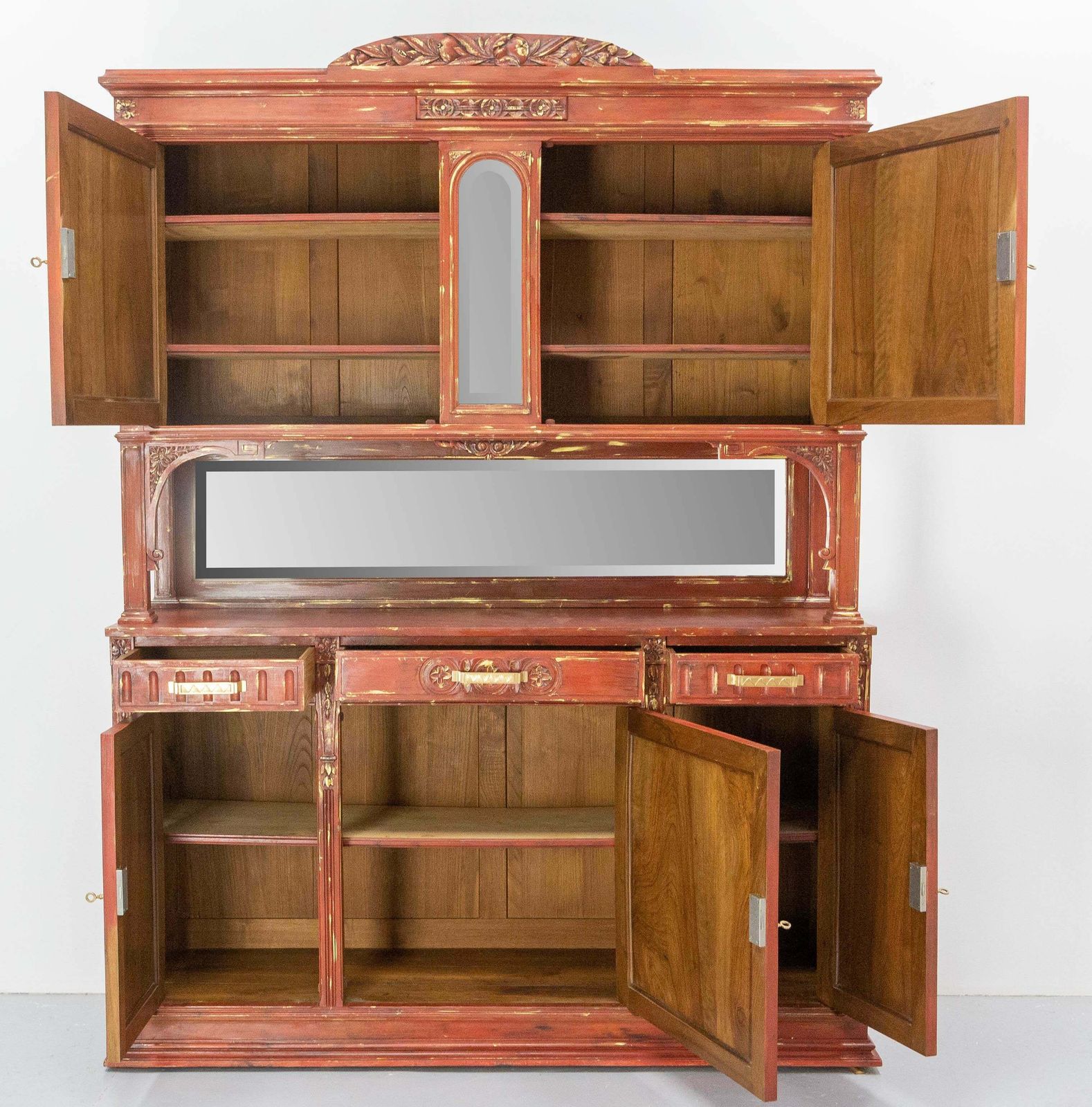 photo vintage French Walnut Cabinet Deux Corps Buffet Red And Gold Patinated, Circa 1920