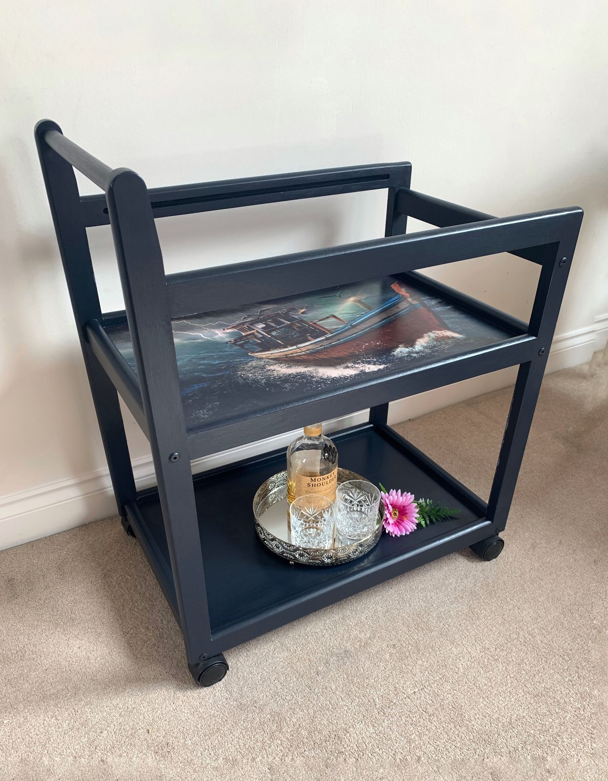 Navy Blue 'Boat In A Storm' Drinks Trolley By One Of A Kind Designs photo furniture