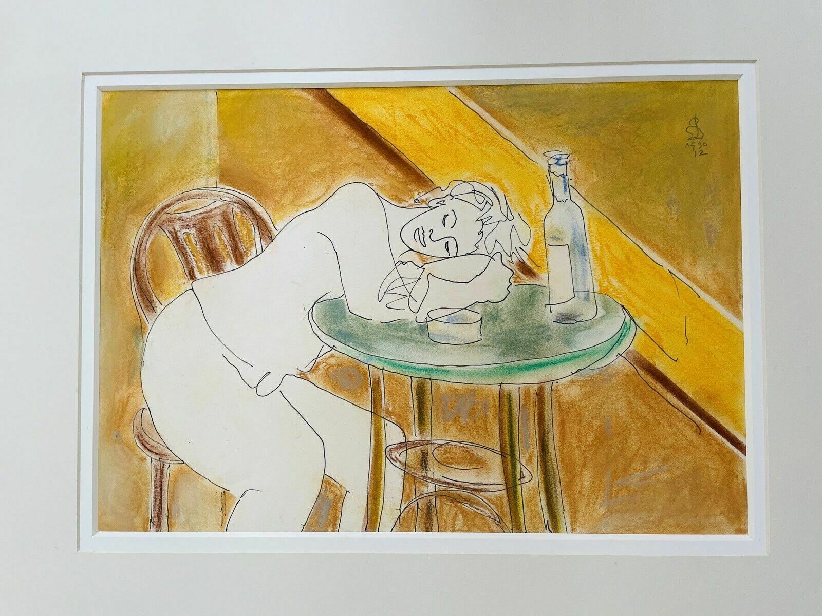 Original Hugo "Puck" Dachinger Pen & Pastel Drawing Of A Waitress, Framed photo furniture