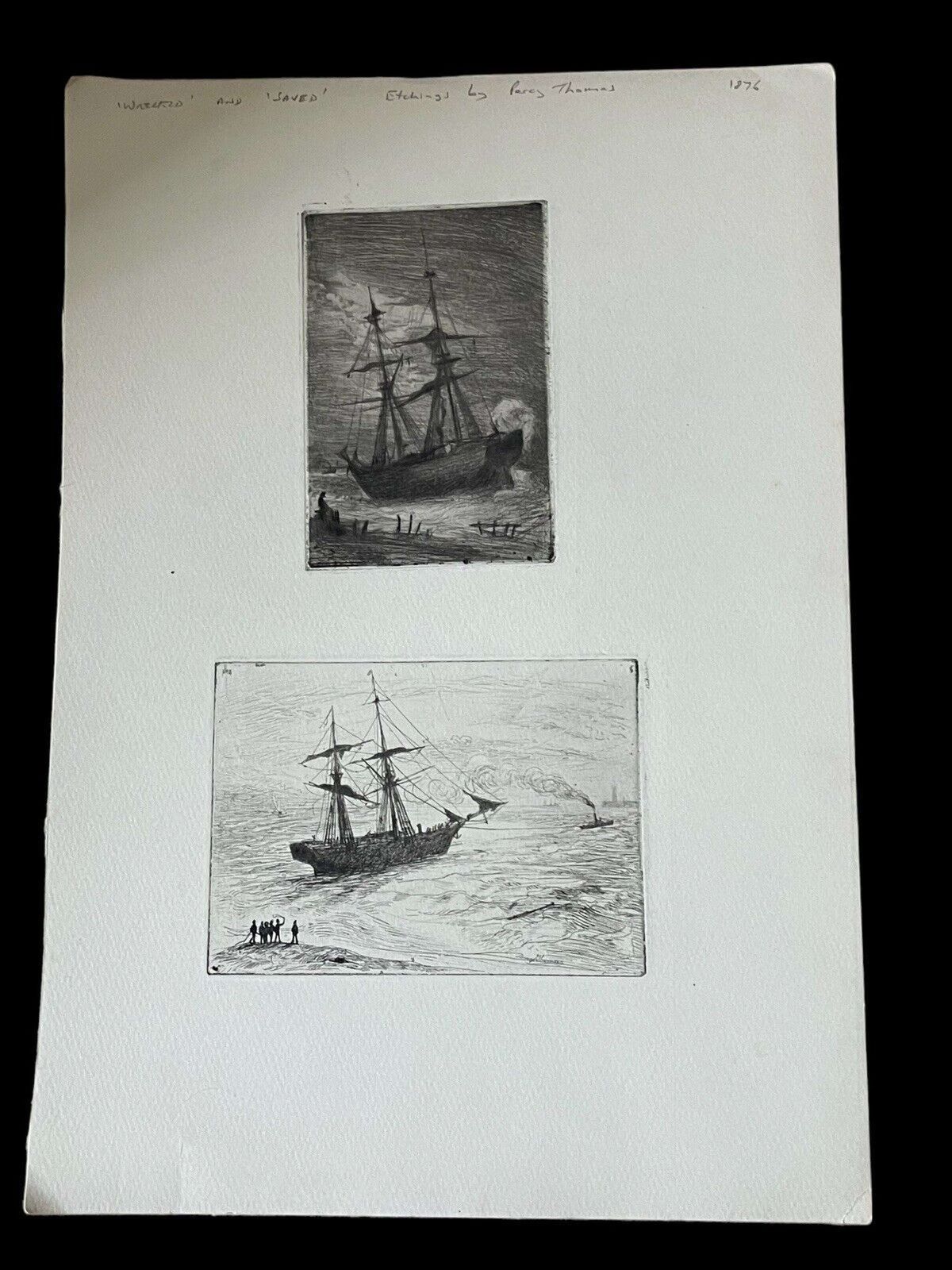 Two 1800s Original Percy Thomas Etchings "Rescued From The Sea/Saved"