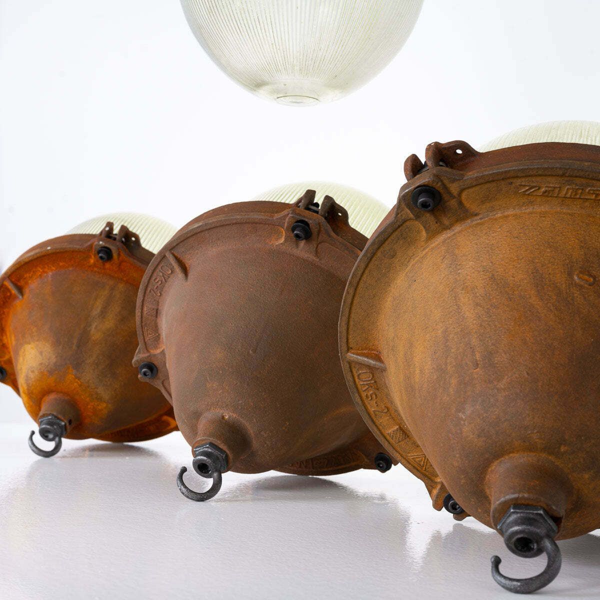 Xl Extreme Rusted Industrial Pendant Lights With Prismatic Glass photo for sale