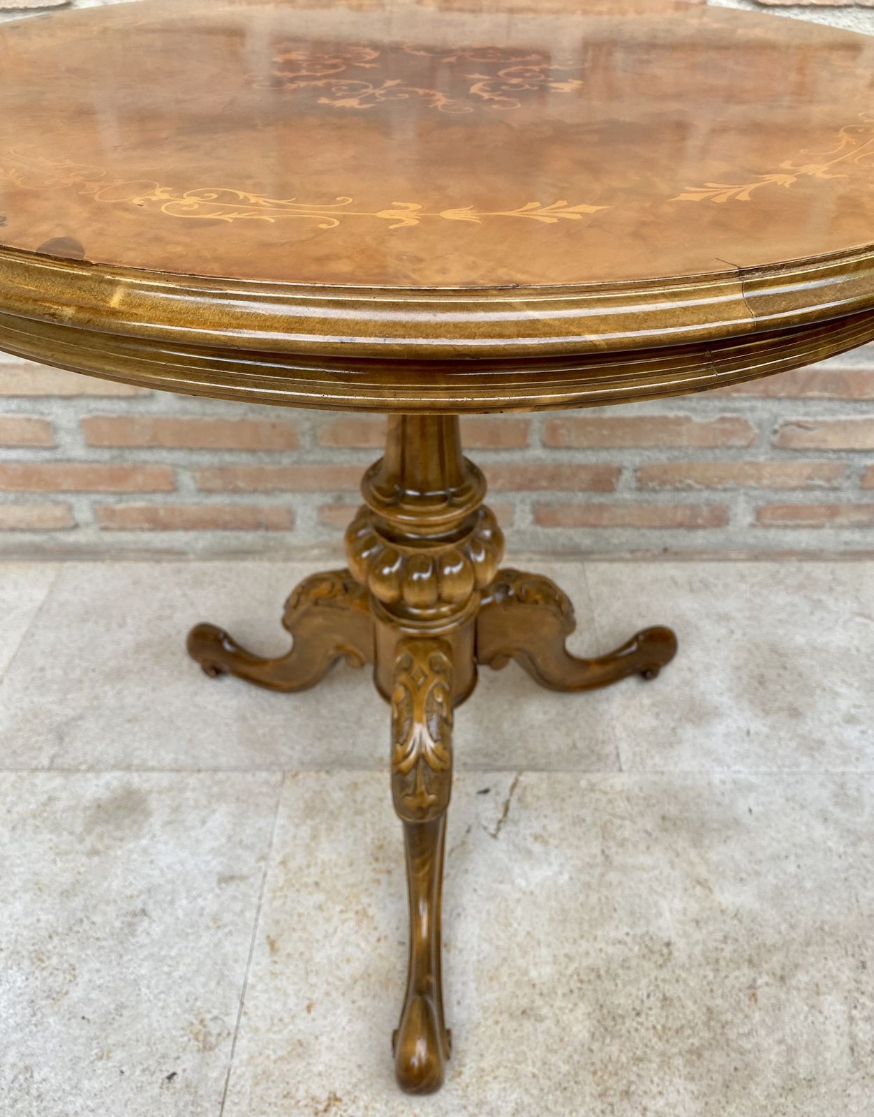 English Round Pedestal Or Side Table With Marquetry Décor And Tripod Base, 1890s photo furniture