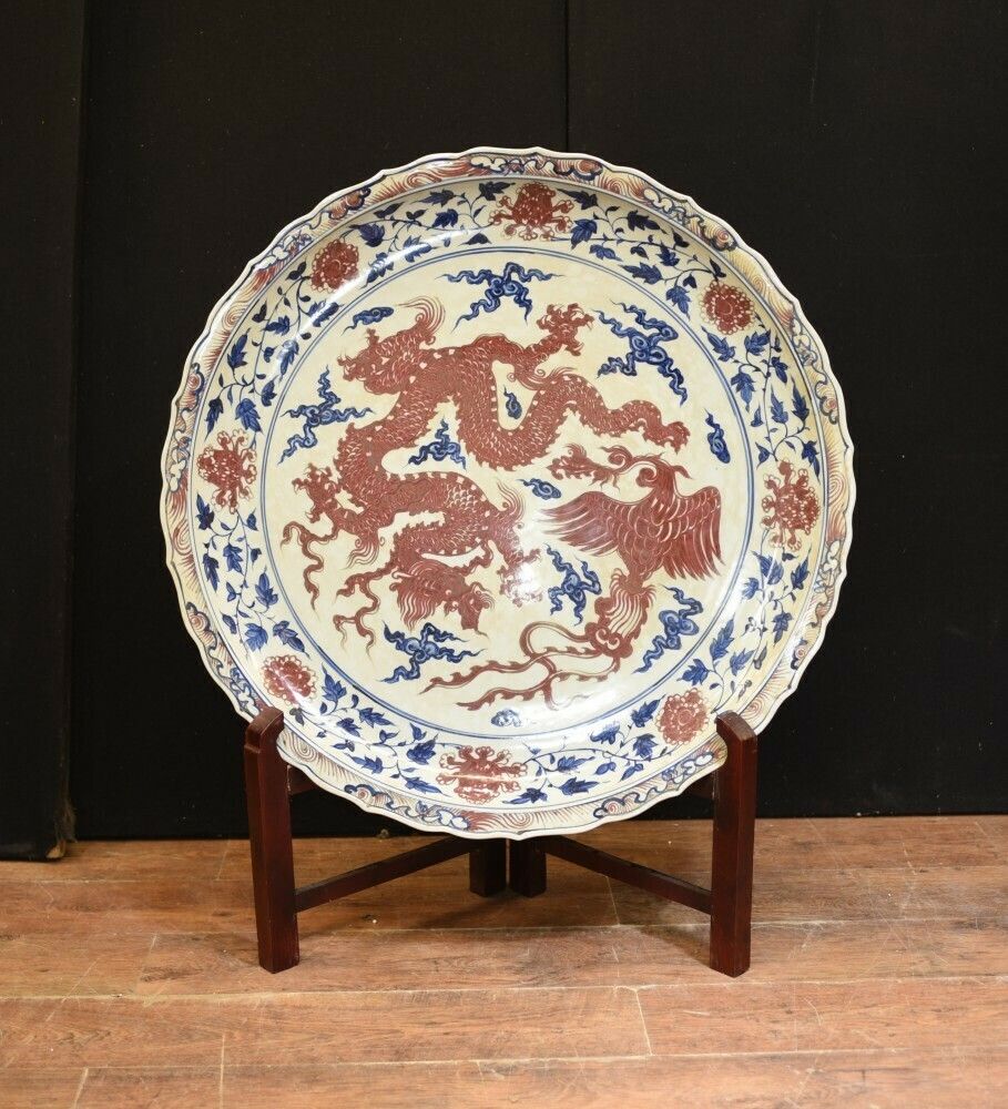 Large Chinese Porcelain Dragon Plate   Ming Pottery Plaque photo vinterior