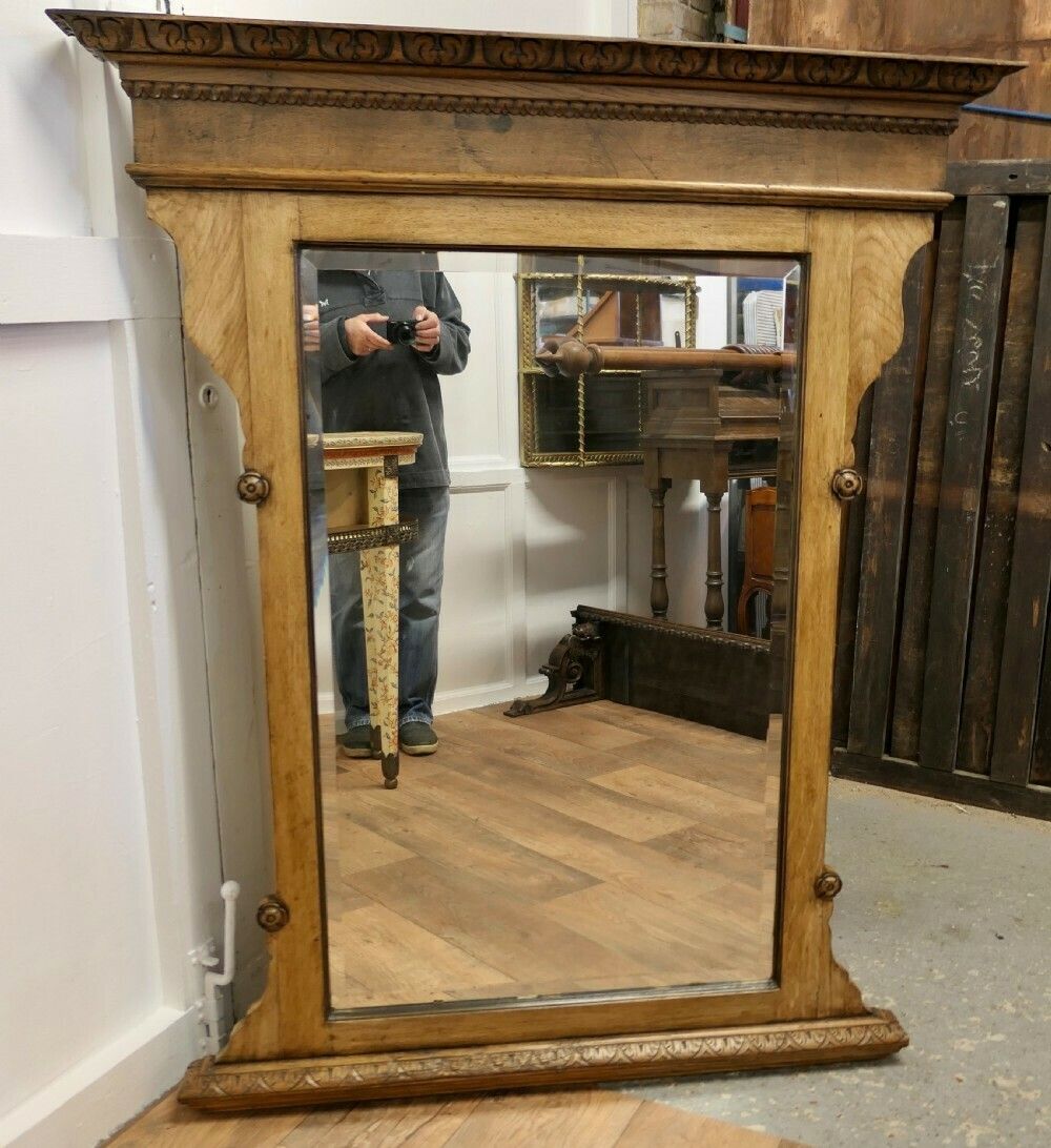 A Large Arts And Crafts 19th Century Light Oak Over Mantle Mirror photo furniture