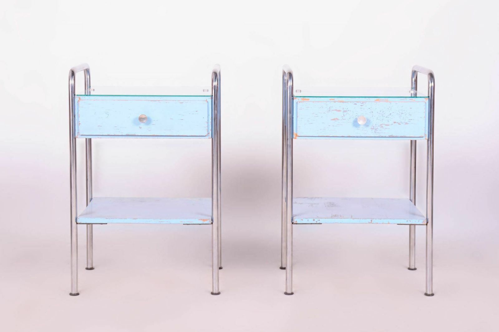 photo furniture Bauhaus Pair Of Bed Side Tables, Mücke Melder, Plywood, Chrome Plated Steel, Glass, Czechia, 1930s