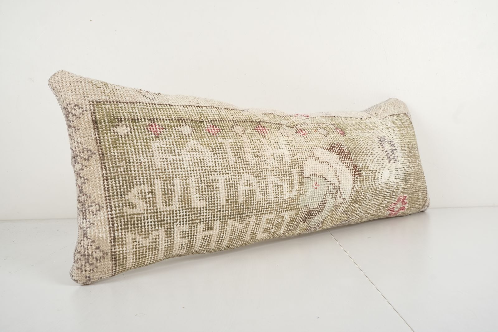 Muted Brown Turkish Oushak Pillow, Olivia Green Kurdish Boho Woven Carpet 11'' X 32'' photo for sale