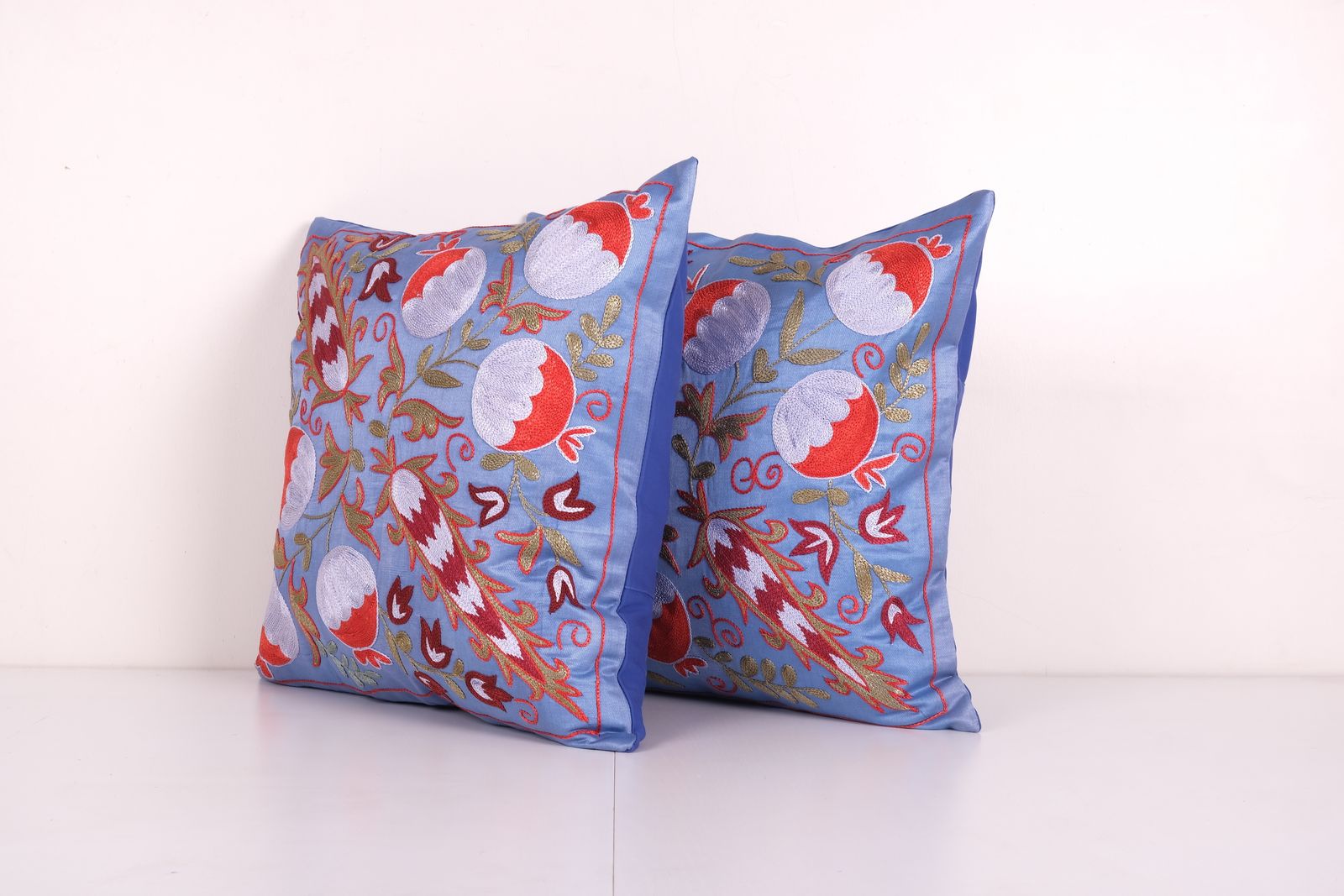 Pair Suzani Silk Cushion Cover From Uzbekistan, Set Of Two Embroidered Suzani Floral Pattern Boho Pillow 19'' X 19'' photo furniture