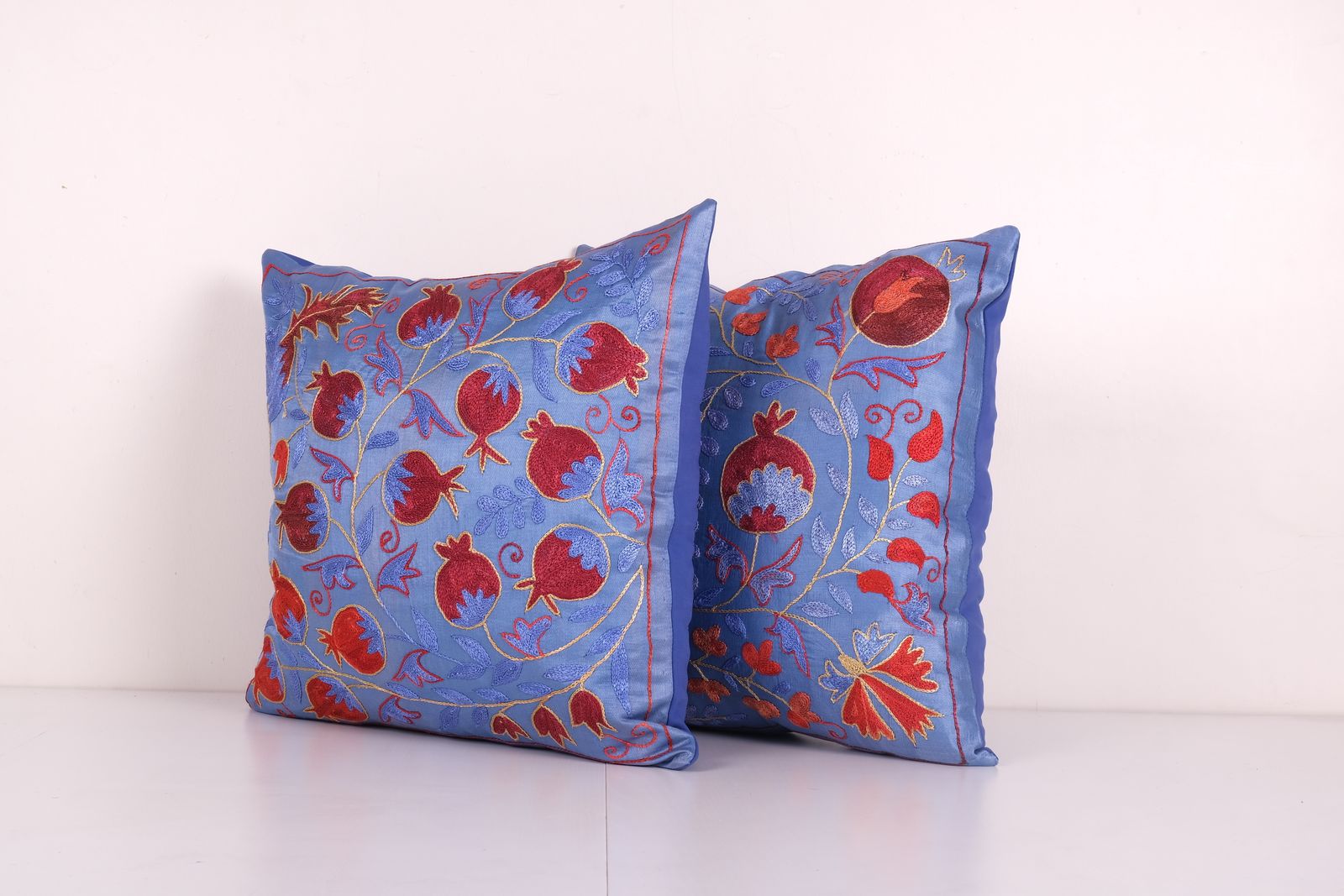Pair Suzani Silk Cushion Cover From Uzbekistan, Set Of Two Pomegranate Embroidered Suzani Floral Pattern Boho Pillow 19'' X 19'' photo Textiles