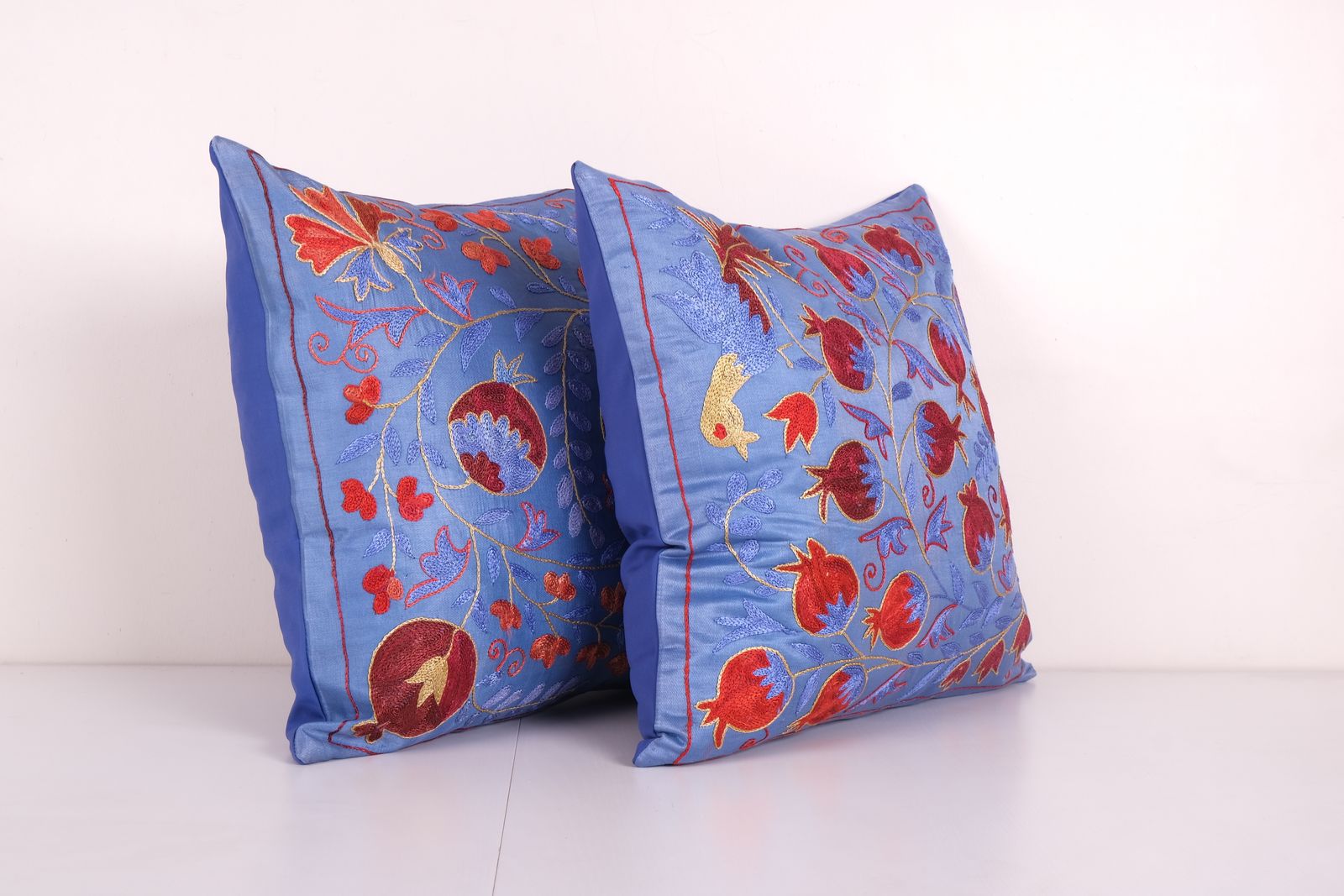 Pair Suzani Silk Cushion Cover From Uzbekistan, Set Of Two Pomegranate Embroidered Suzani Floral Pattern Boho Pillow 19'' X 19'' photo 135.0