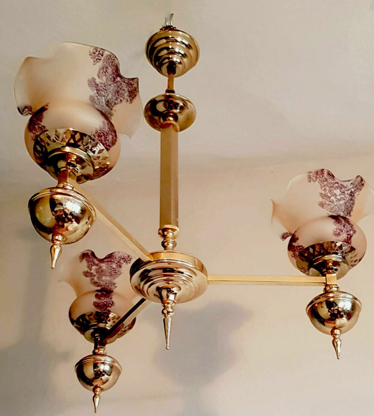 Vintage Italian 3 Arm Frilled Glass Shades, Brass Fittings Ceiling Light