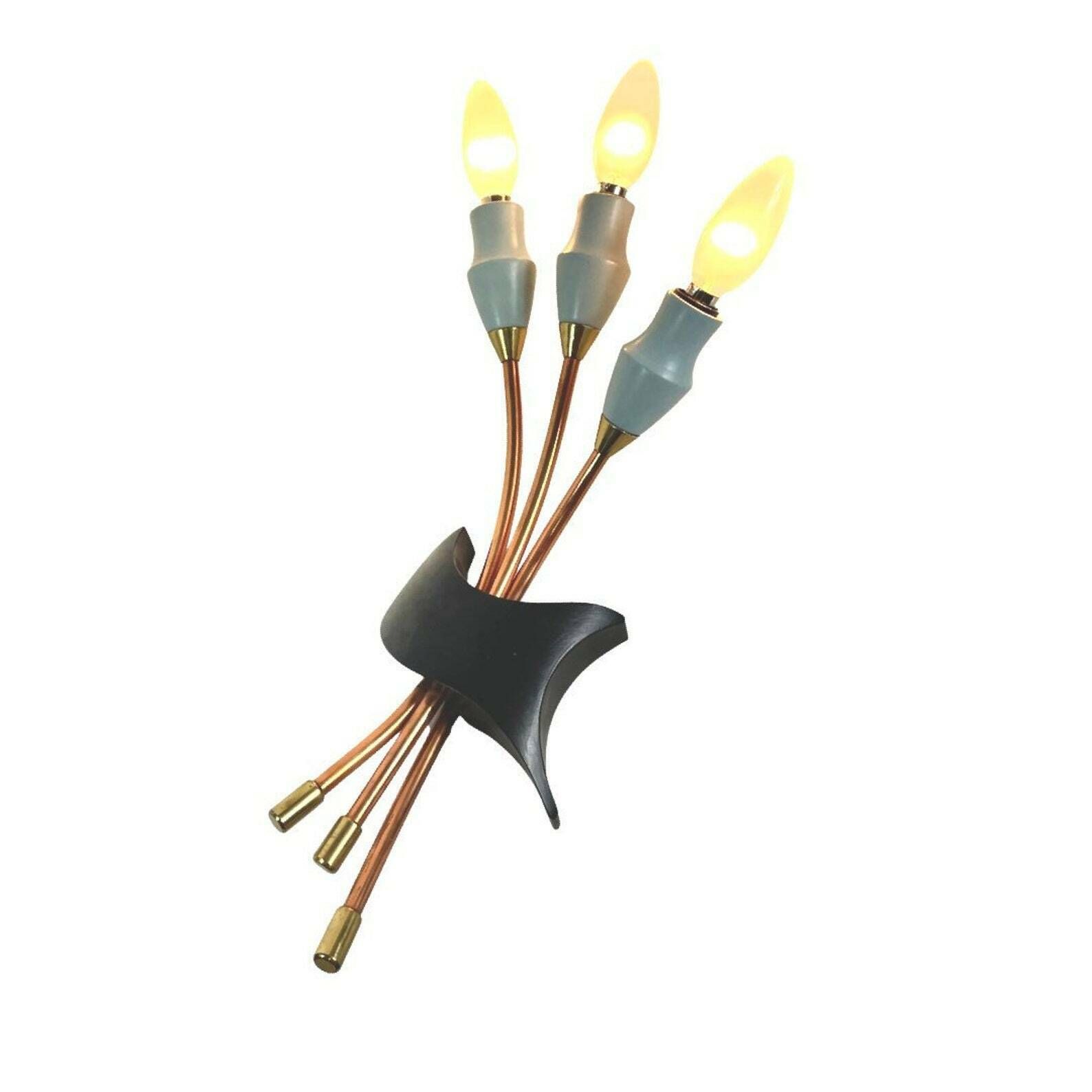 Vintage 50’s Mcm Wall Mounted Lamp   Wooden Covers Over The Sockets In Light Blue   Made In Italy (Stilnovo Style)