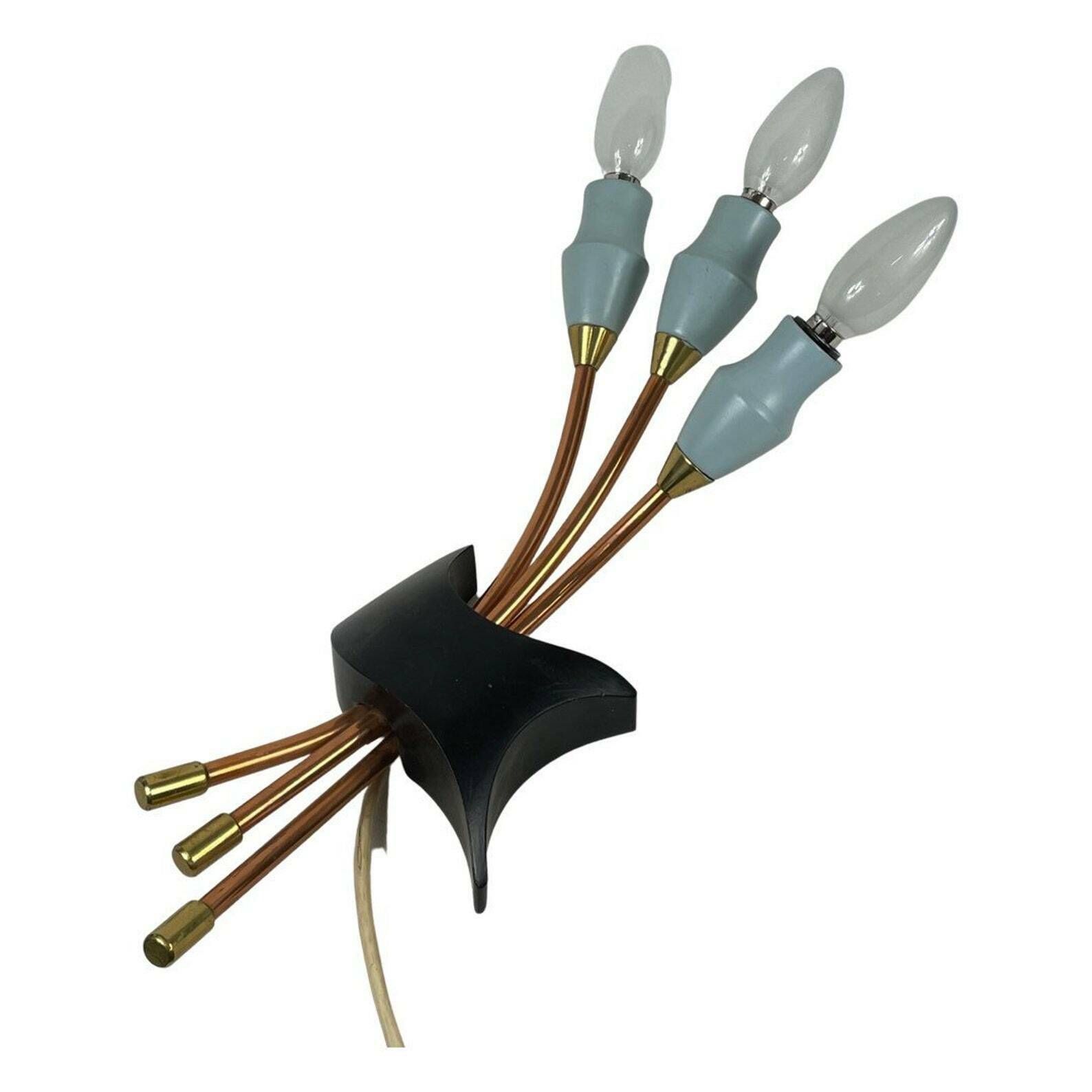 Vintage 50’s Mcm Wall Mounted Lamp   Wooden Covers Over The Sockets In Light Blue   Made In Italy (Stilnovo Style) photo for sale