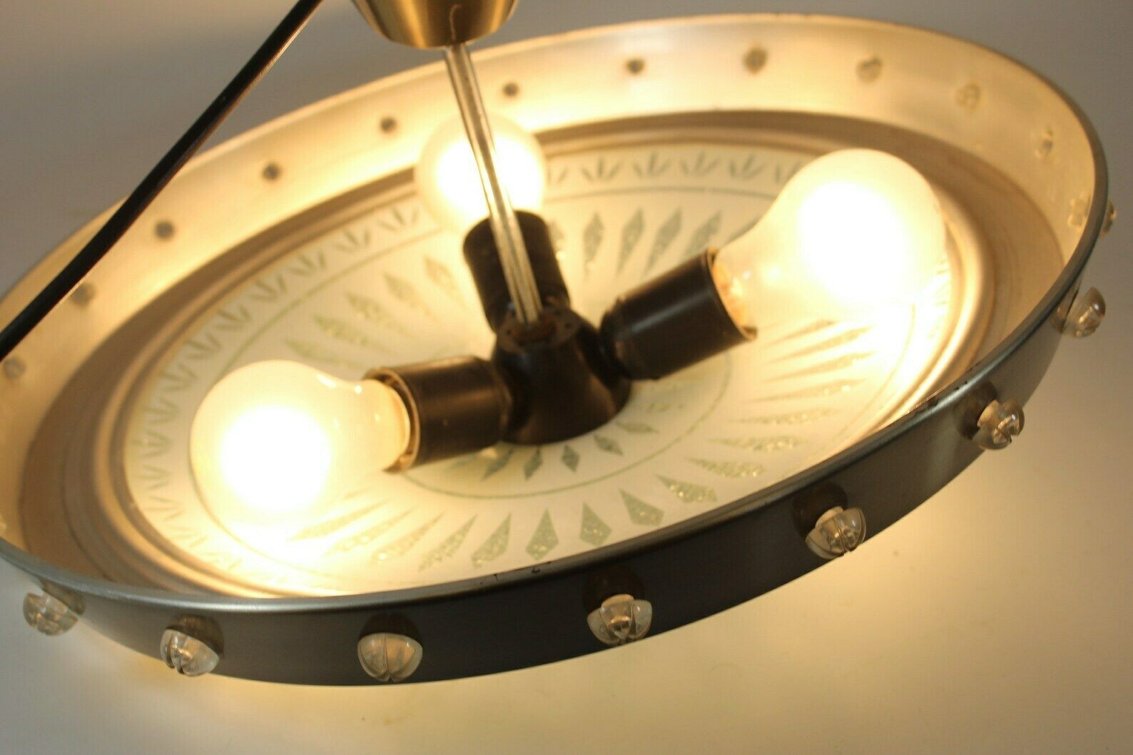 Vintage 70’s Hanging Pendant With Glass Bottom And Metal Brim photo for sale