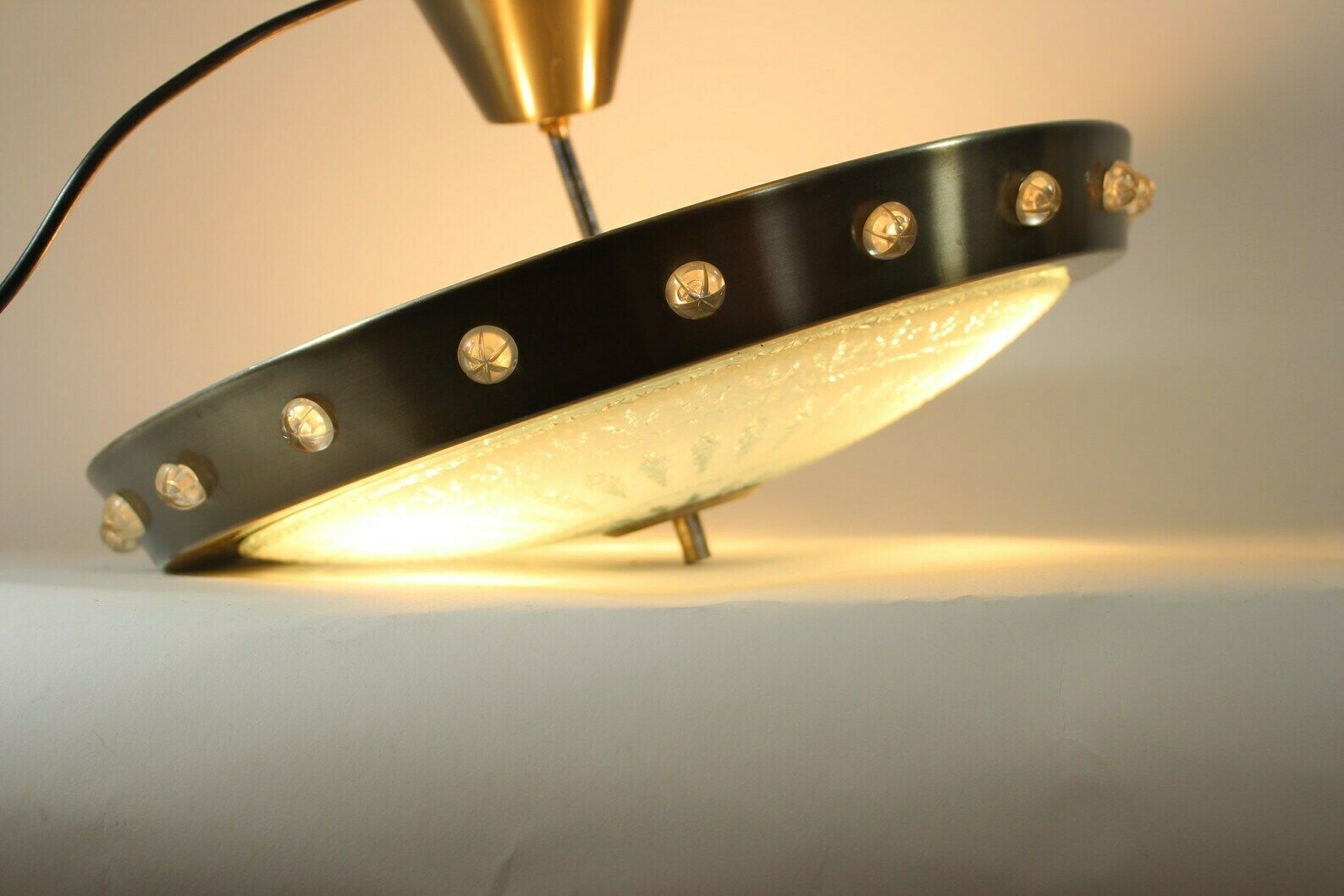photo furniture Vintage 70’s Hanging Pendant With Glass Bottom And Metal Brim