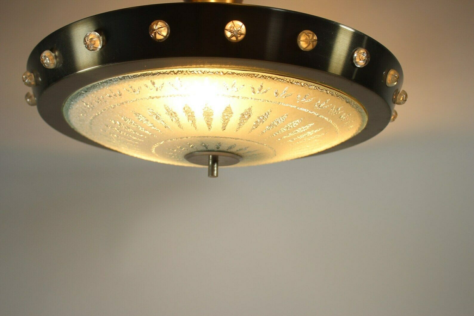 photo for sale Vintage 70’s Hanging Pendant With Glass Bottom And Metal Brim