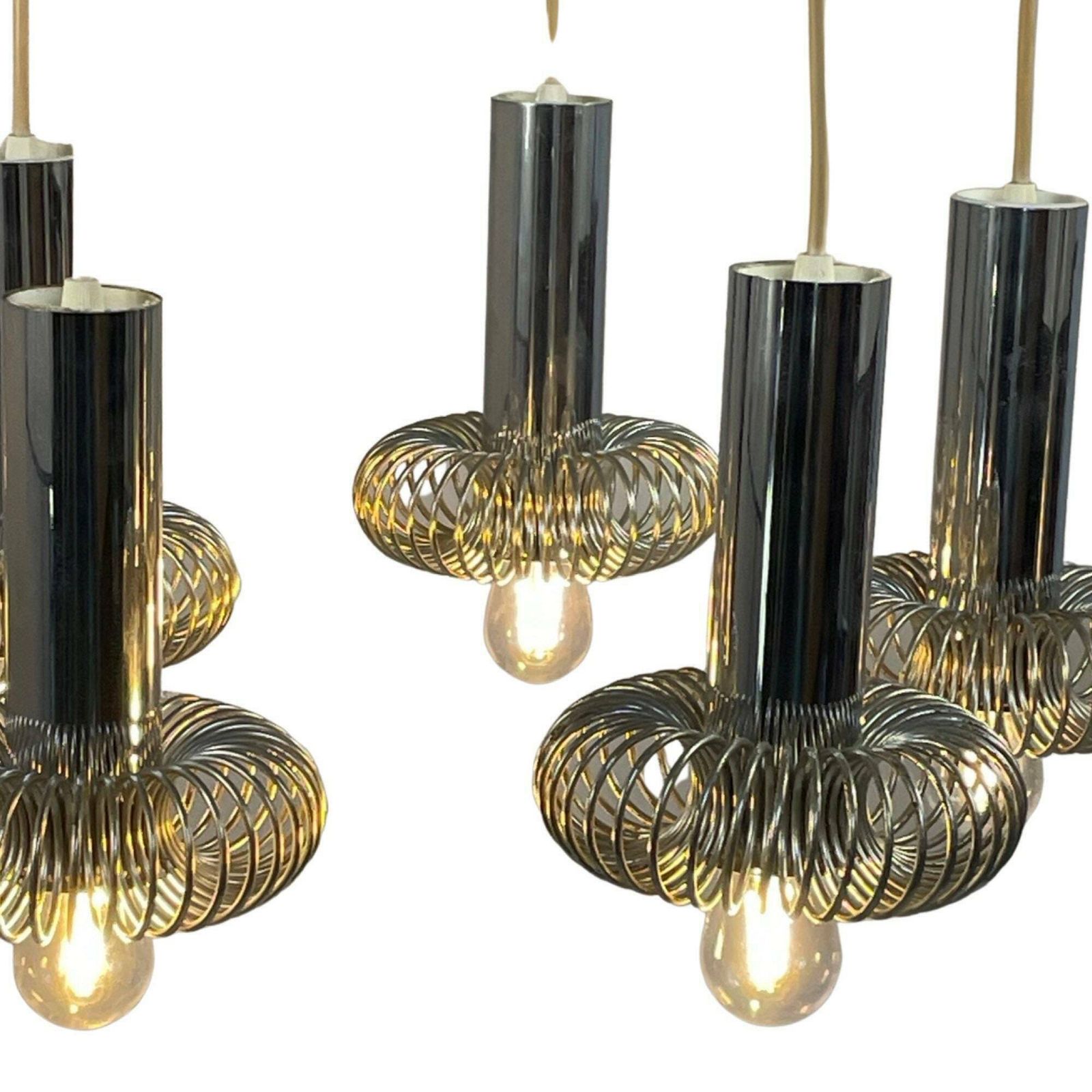 Honsel (Germany)   Chandelier With 5 Chromed Pendants   Including Ceiling Mount  Hanging Pendant   Seventies photo furniture