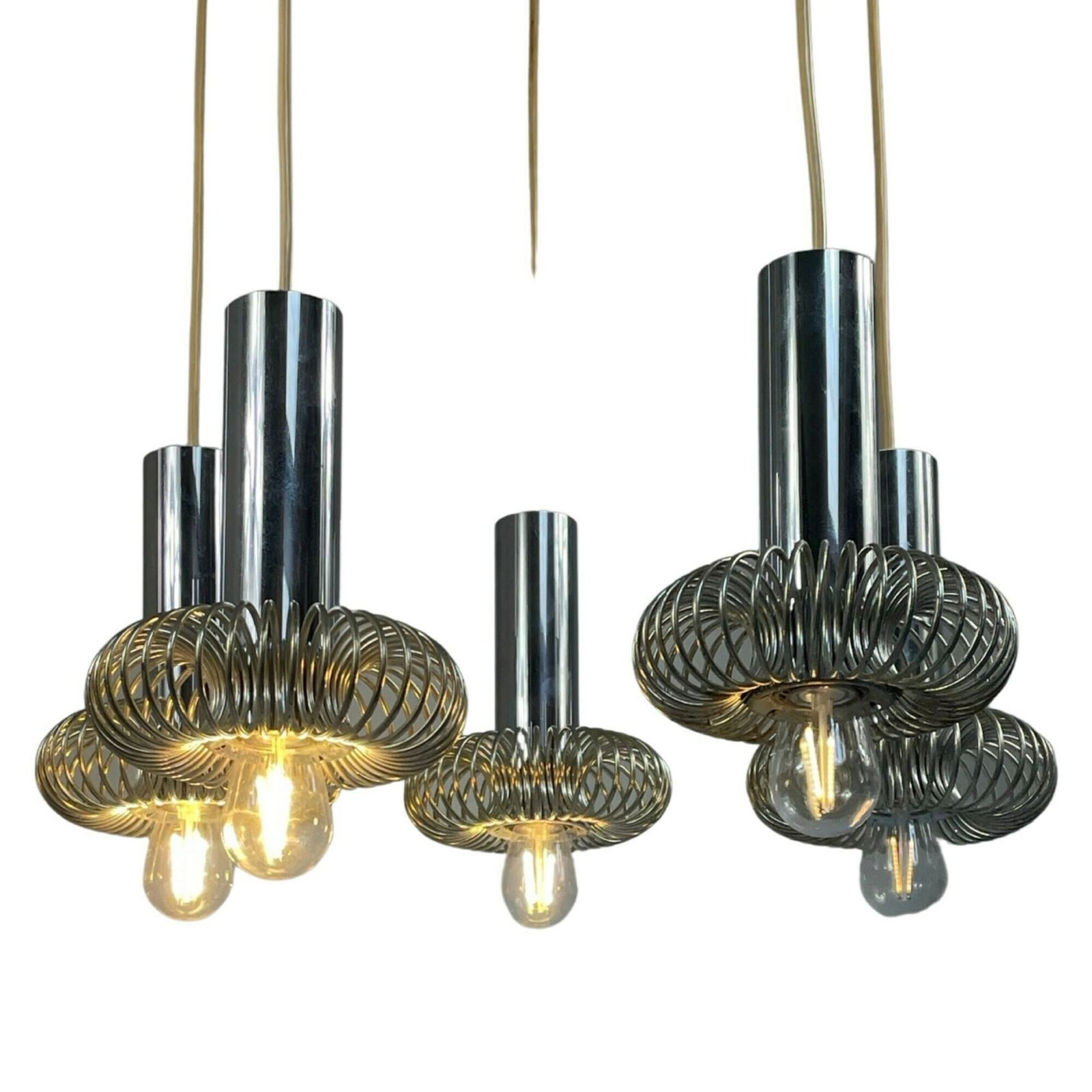 Honsel (Germany)   Chandelier With 5 Chromed Pendants   Including Ceiling Mount  Hanging Pendant   Seventies photo for sale