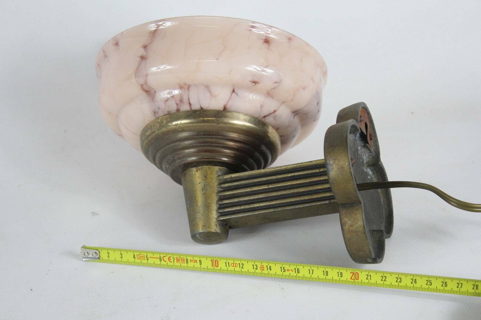 Art Deco   Wall Mounted Lamp With Marble Like Pink Glass   Brass Base photo vinterior