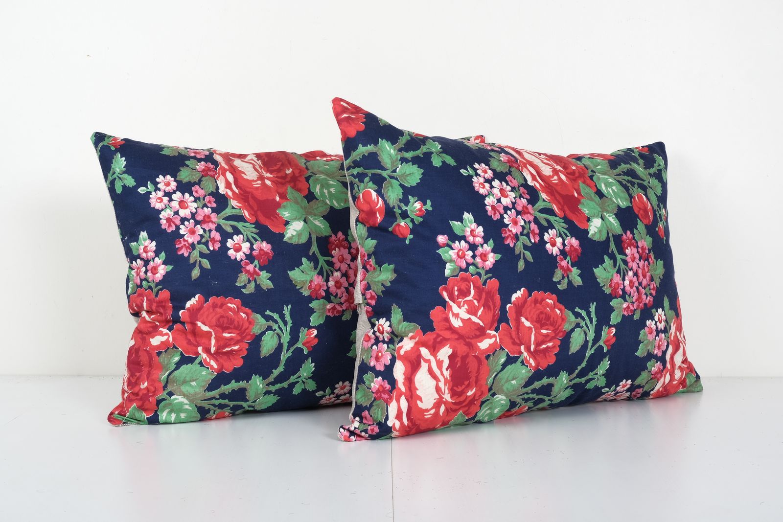 Bukhara Floral Blue Roller Printed Pillow Covers, Set Of Two Designer Cushion 16'' X 22'' photo for sale