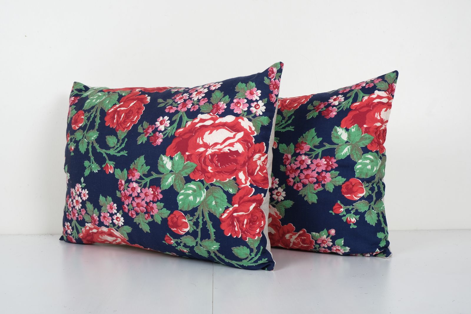 Mid 20th Century Blue Floral Lumbar Pillows, Set Of Two Uzbek Cushion Cover photo for sale