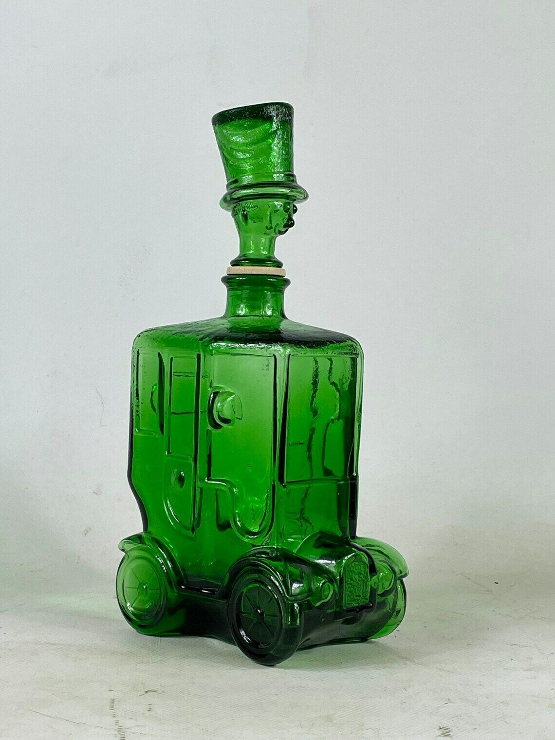 photo furniture Empoli   Italy, 1960’s   Green Glass   Comical Car Decorative Bottle With Man In Hat As Top