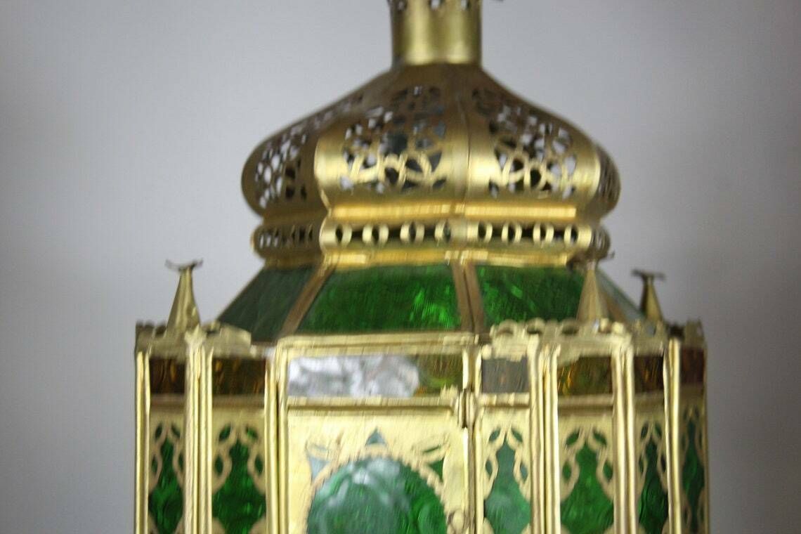 Arabian Hanging Pendant   Green Etched Glass And Tin photo for sale